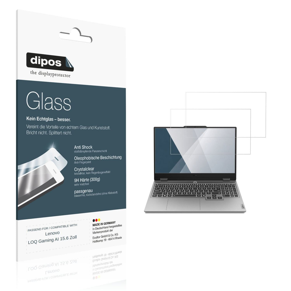 Klare Displayschutzfolie von dipos passend für Lenovo LOQ Gaming AI 15.6 Zoll, 9H kratzfest und blasenfrei montiert