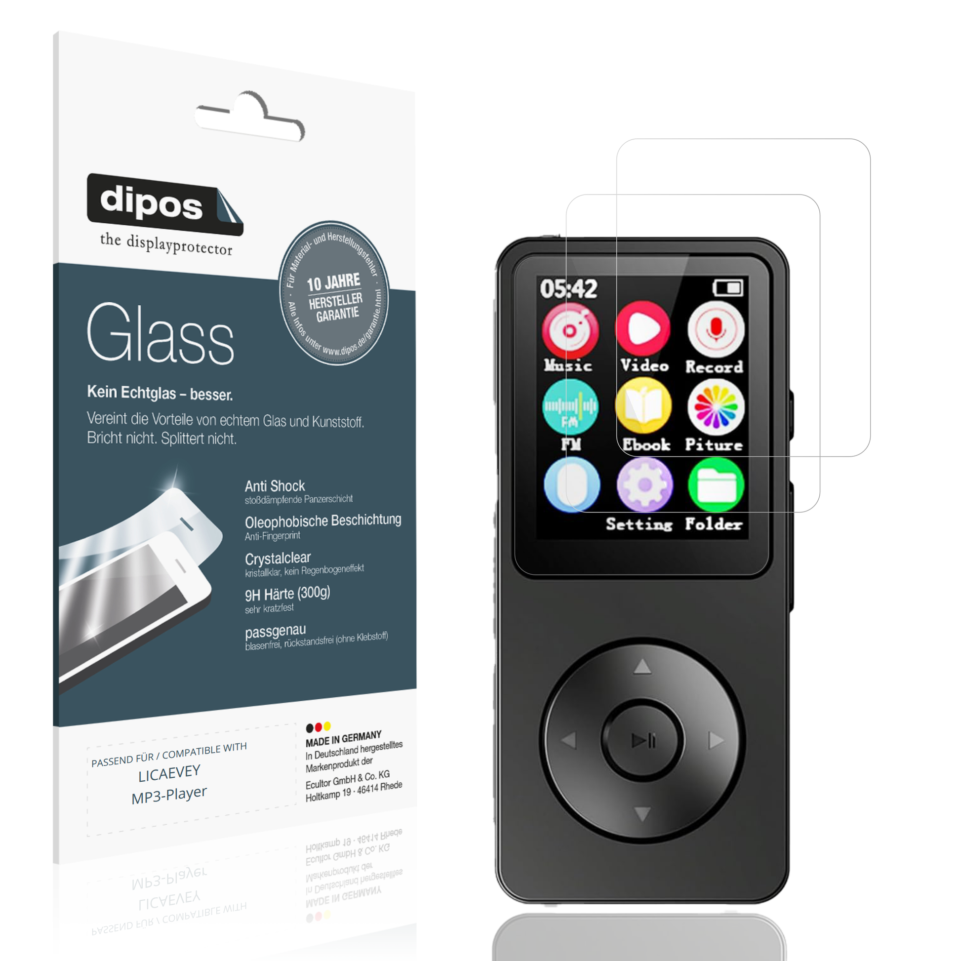Klare Displayschutzfolie von dipos passend für LICAEVEY MP3-Player, 9H kratzfest und blasenfrei montiert