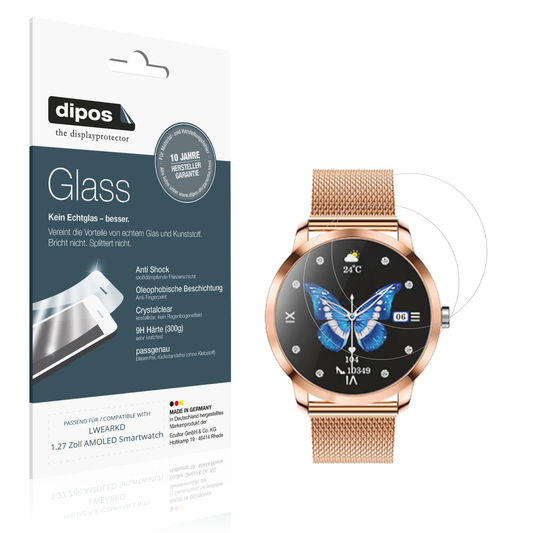 Klare Displayschutzfolie von dipos passend für LWEARKD 1.27 Zoll AMOLED Smartwatch, 9H kratzfest und blasenfrei montiert