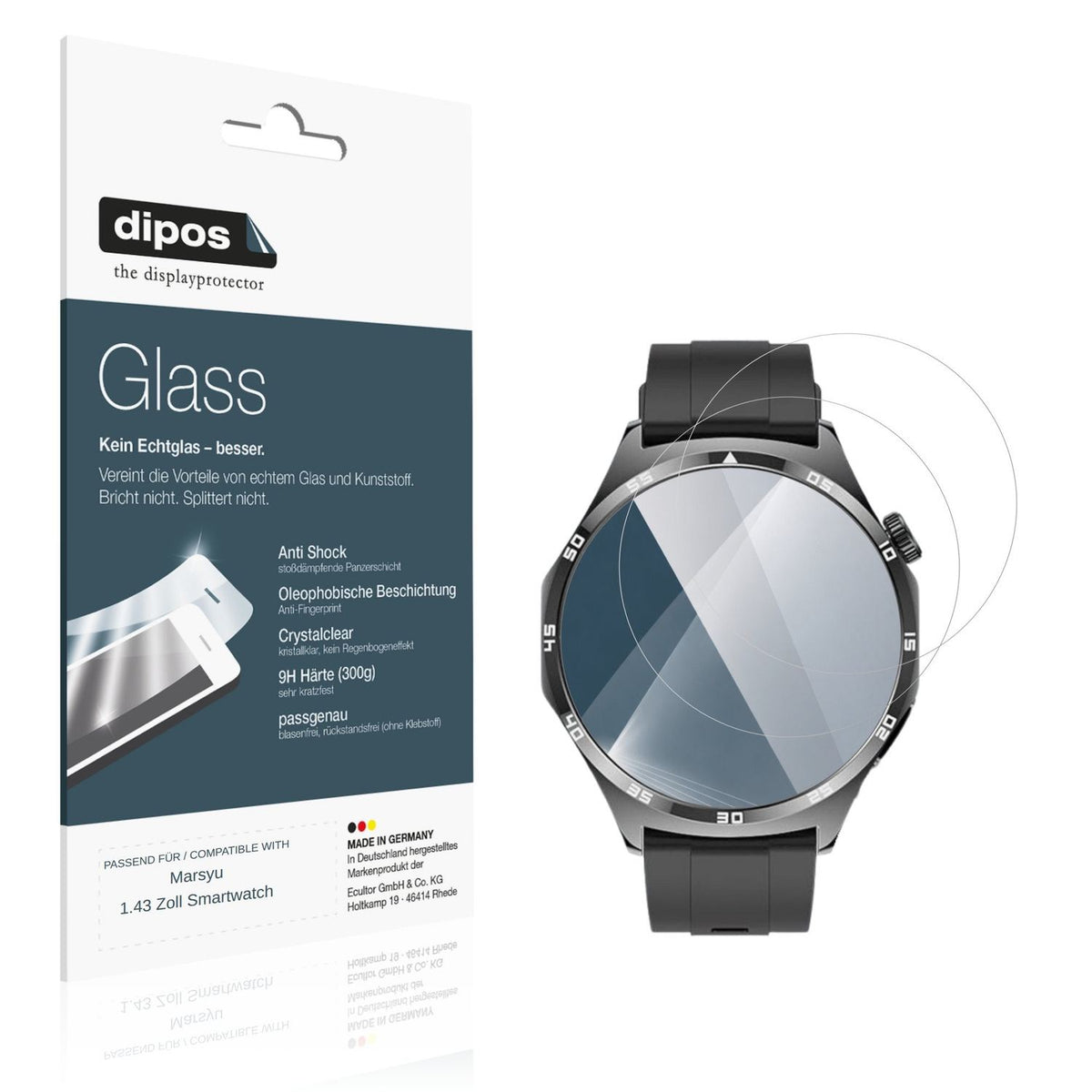 Klare Displayschutzfolie von dipos passend für Marsyu 1.43 Zoll Smartwatch, 9H kratzfest und blasenfrei montiert