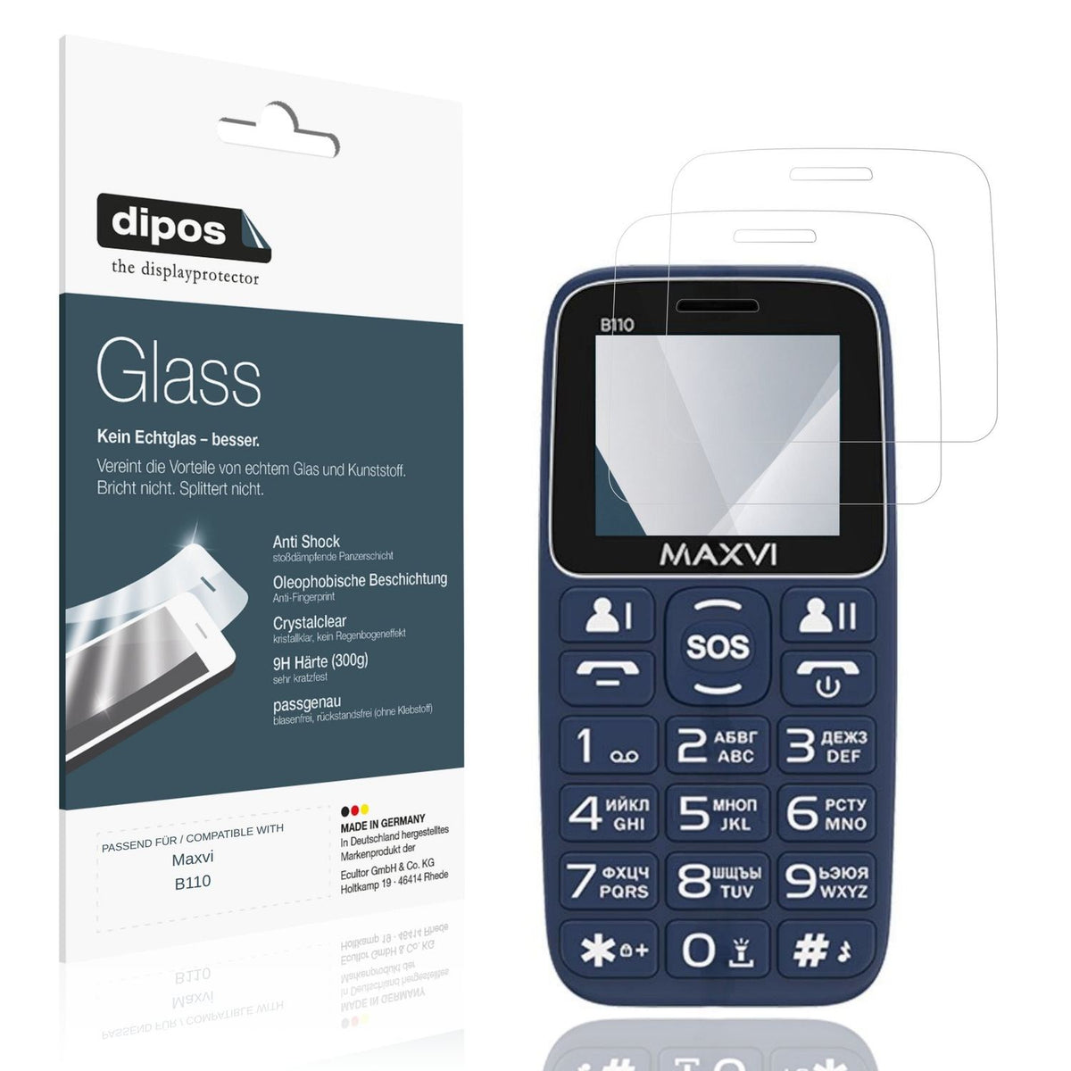 Klare Displayschutzfolie von dipos passend für Maxvi B110, 9H kratzfest und blasenfrei montiert