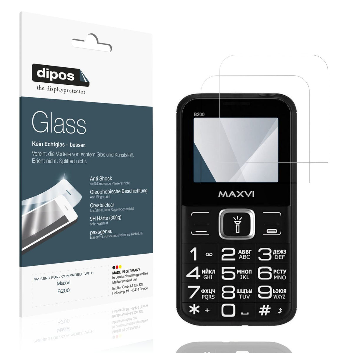 Klare Displayschutzfolie von dipos passend für Maxvi B200, 9H kratzfest und blasenfrei montiert