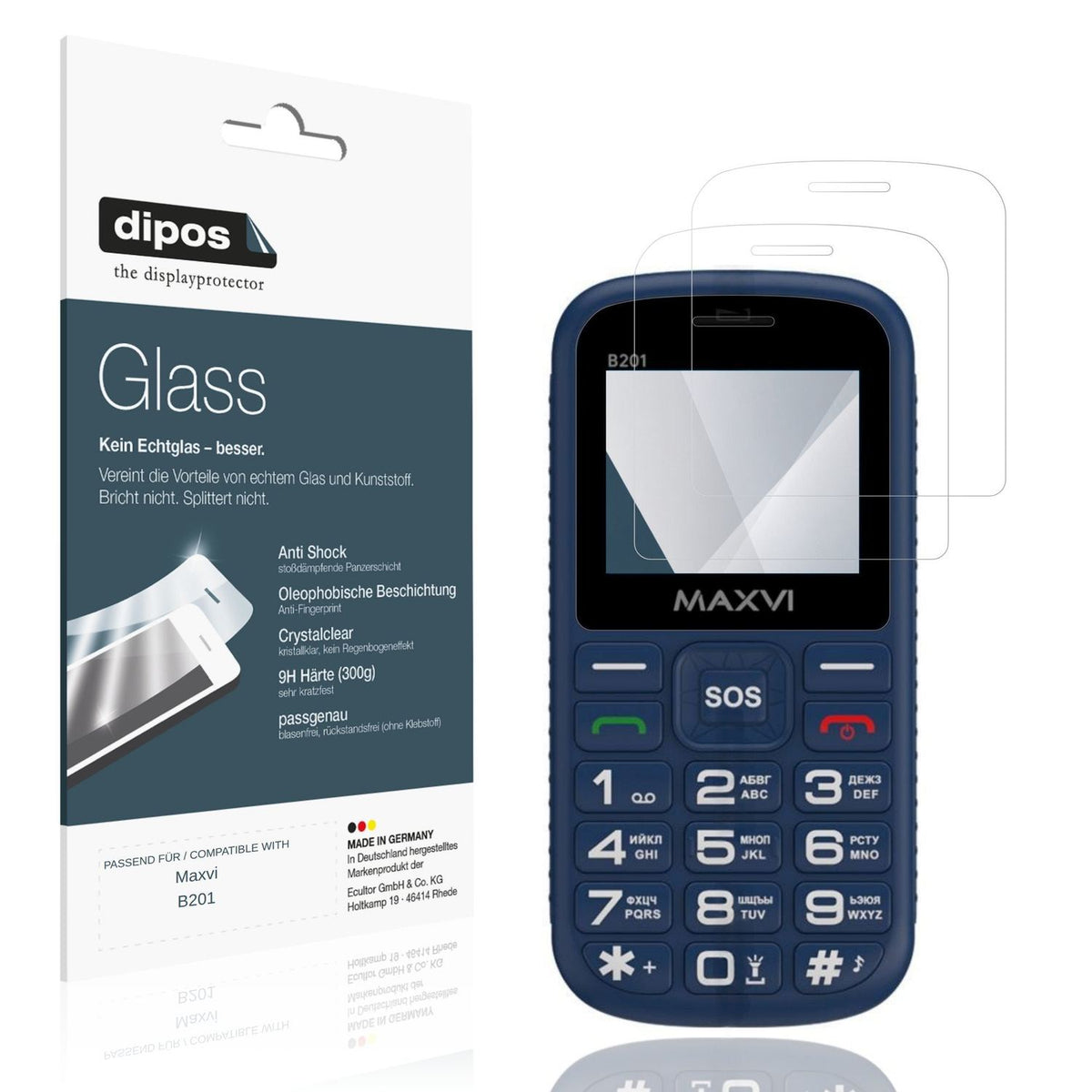 Klare Displayschutzfolie von dipos passend für Maxvi B201, 9H kratzfest und blasenfrei montiert