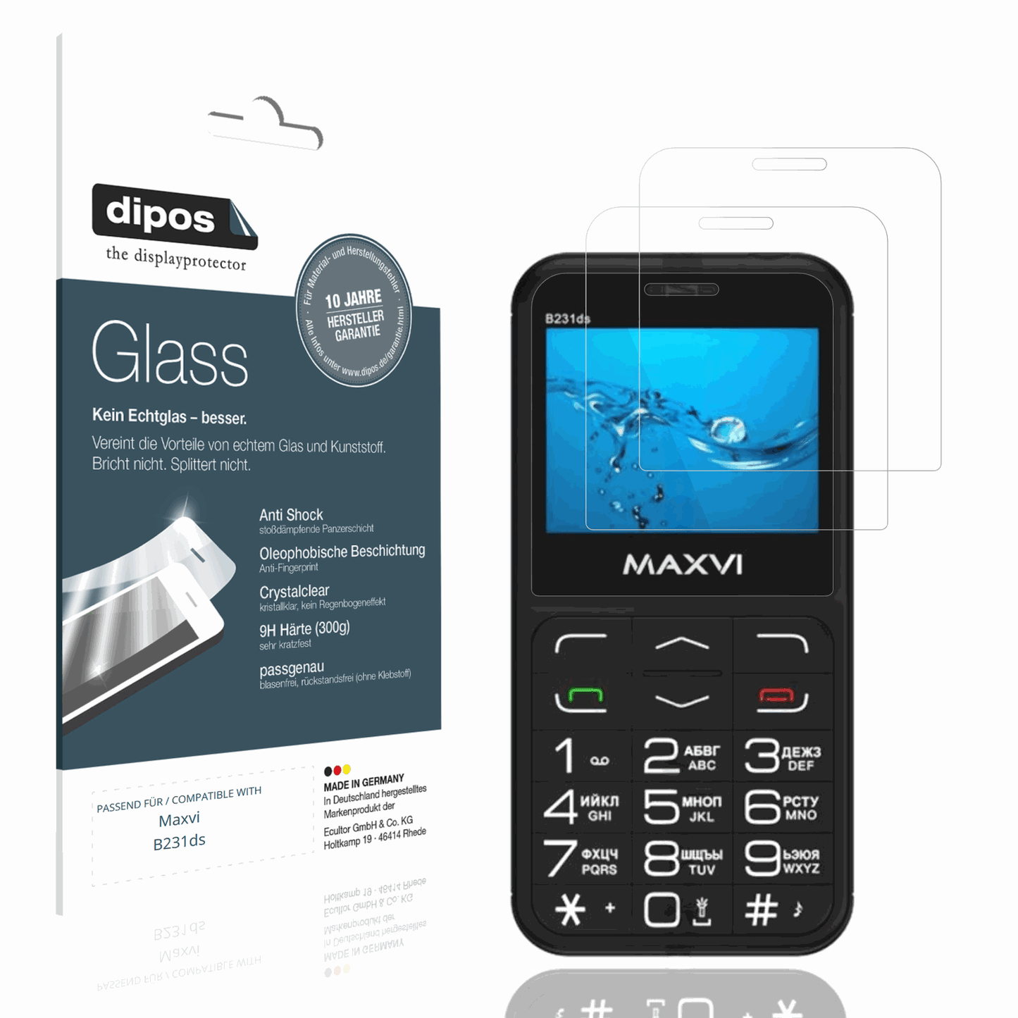Klare Displayschutzfolie von dipos passend für Maxvi B231ds, 9H kratzfest und blasenfrei montiert