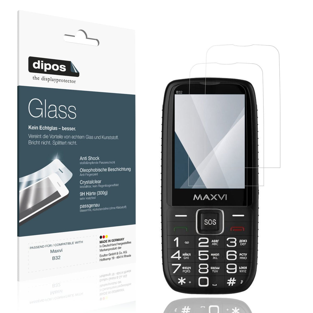 Klare Displayschutzfolie von dipos passend für Maxvi B32, 9H kratzfest und blasenfrei montiert