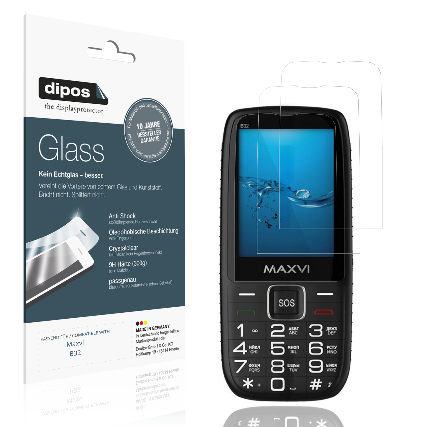 Klare Displayschutzfolie von dipos passend für Maxvi B32, 9H kratzfest und blasenfrei montiert