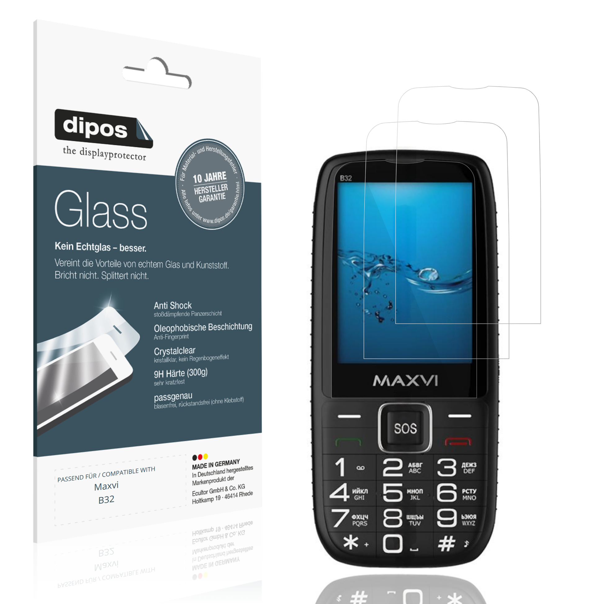 Klare Displayschutzfolie von dipos passend für Maxvi B32, 9H kratzfest und blasenfrei montiert