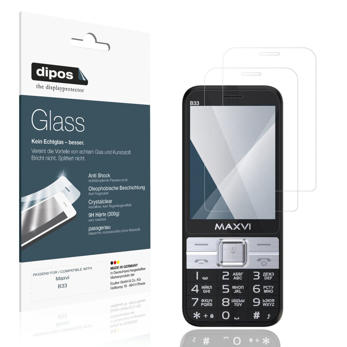 Klare Displayschutzfolie von dipos passend für Maxvi B33, 9H kratzfest und blasenfrei montiert