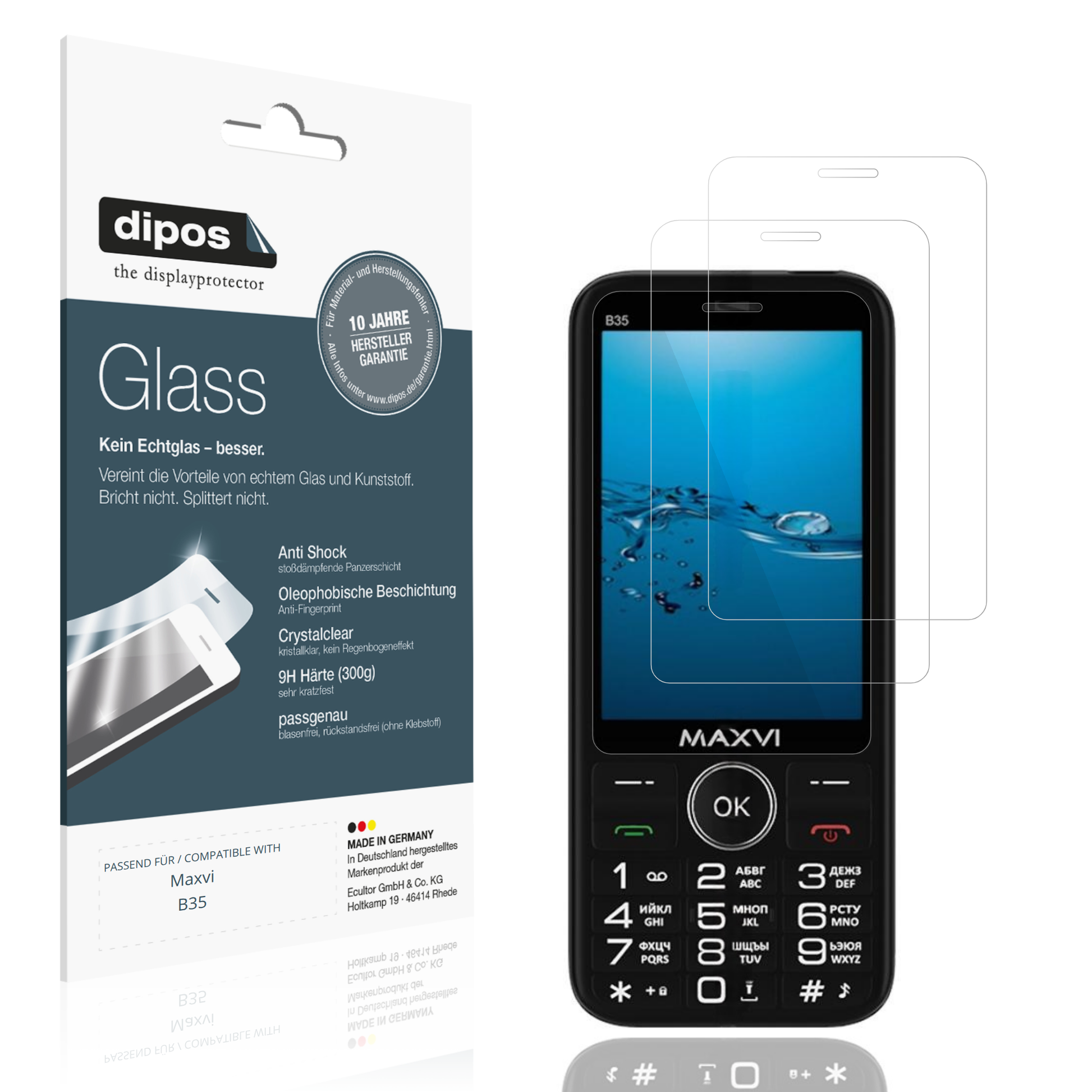 Klare Displayschutzfolie von dipos passend für Maxvi B35, 9H kratzfest und blasenfrei montiert