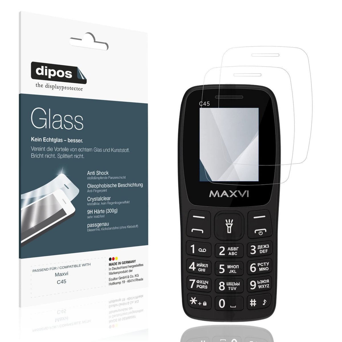 Klare Displayschutzfolie von dipos passend für Maxvi C45, 9H kratzfest und blasenfrei montiert