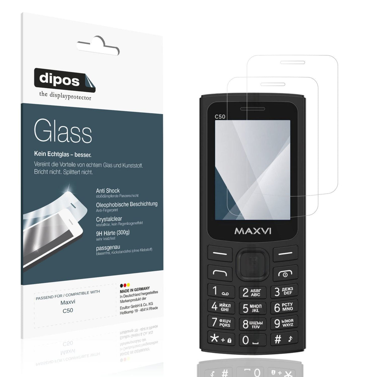 Klare Displayschutzfolie von dipos passend für Maxvi C50, 9H kratzfest und blasenfrei montiert