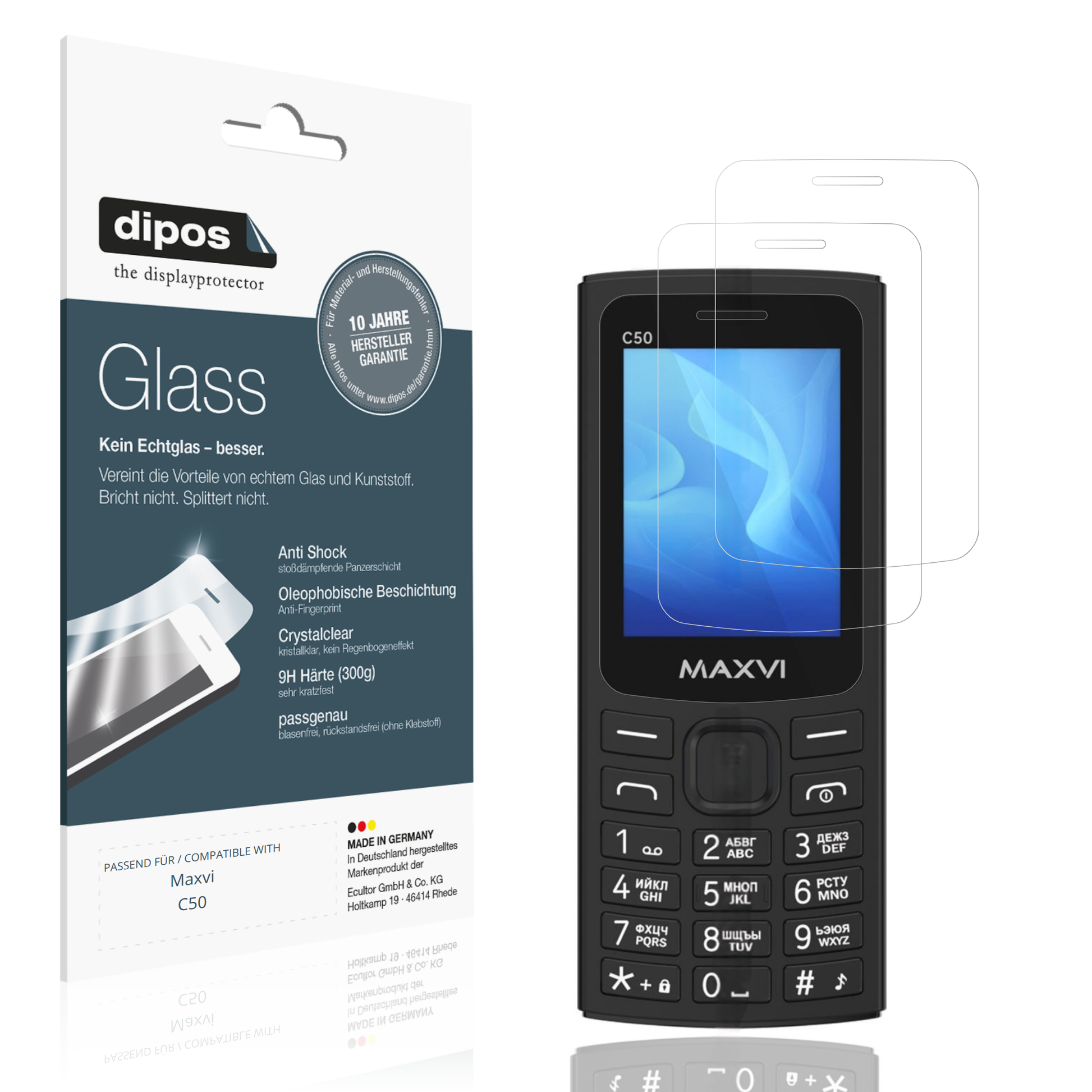 Klare Displayschutzfolie von dipos passend für Maxvi C50, 9H kratzfest und blasenfrei montiert