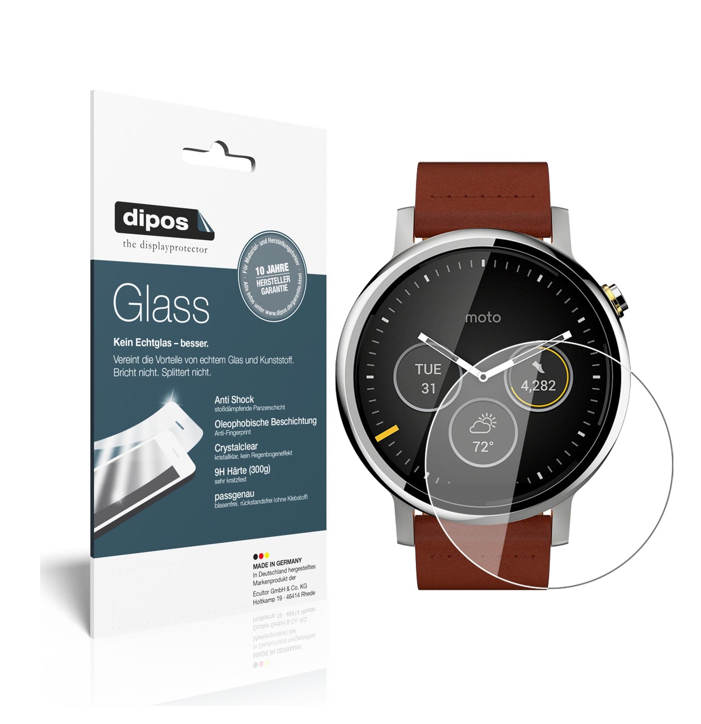 Klare Displayschutzfolie von dipos passend für Motorola Moto 360 (2019), 9H kratzfest und blasenfrei montiert