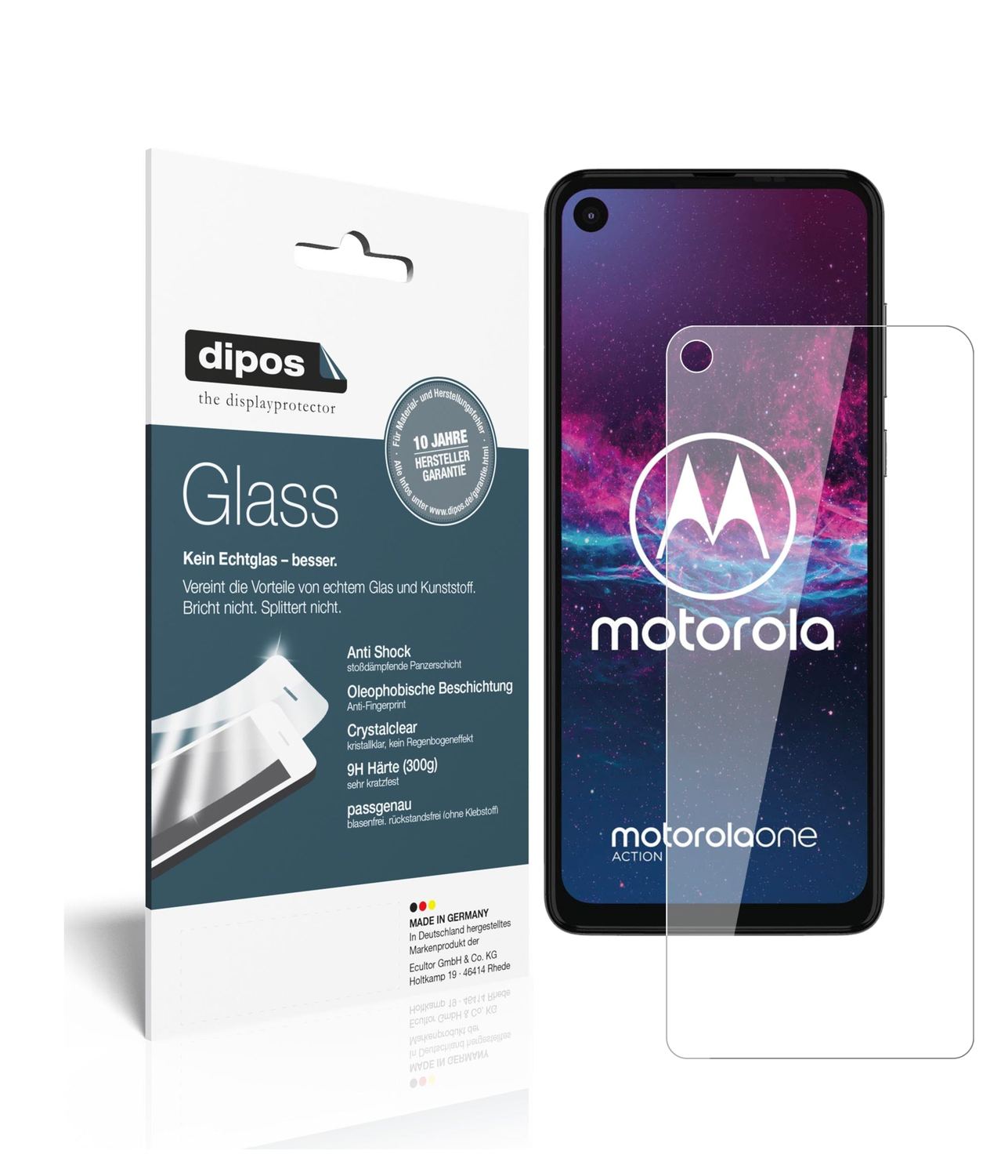 Klare Displayschutzfolie von dipos passend für Motorola One Action, 9H kratzfest und blasenfrei montiert