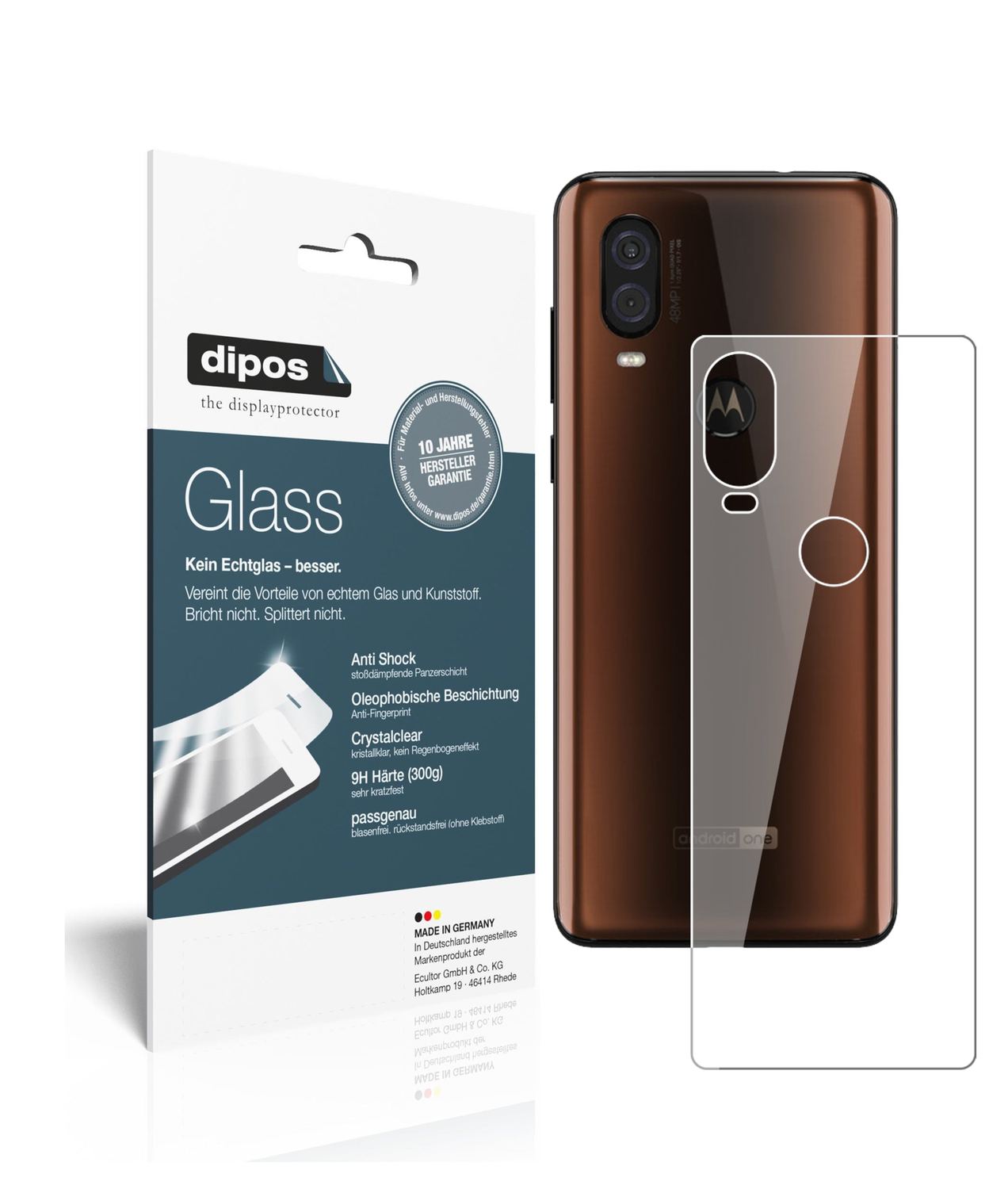 Klare Displayschutzfolie von dipos passend für Motorola One Vision Rückseite, 9H kratzfest und blasenfrei montiert