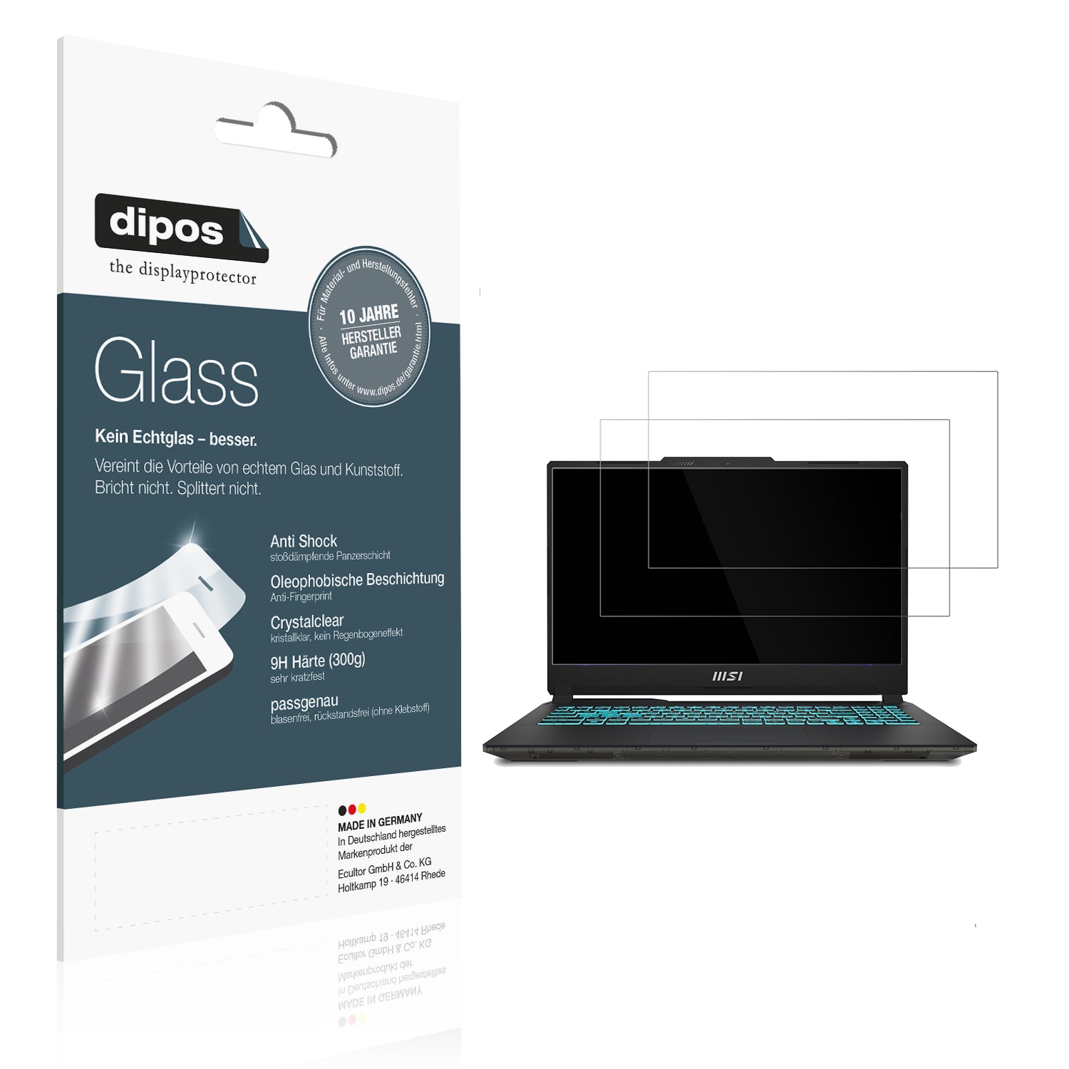Klare Displayschutzfolie von dipos passend für MSI Cyborg 15 Gaming Laptop, 9H kratzfest und blasenfrei montiert