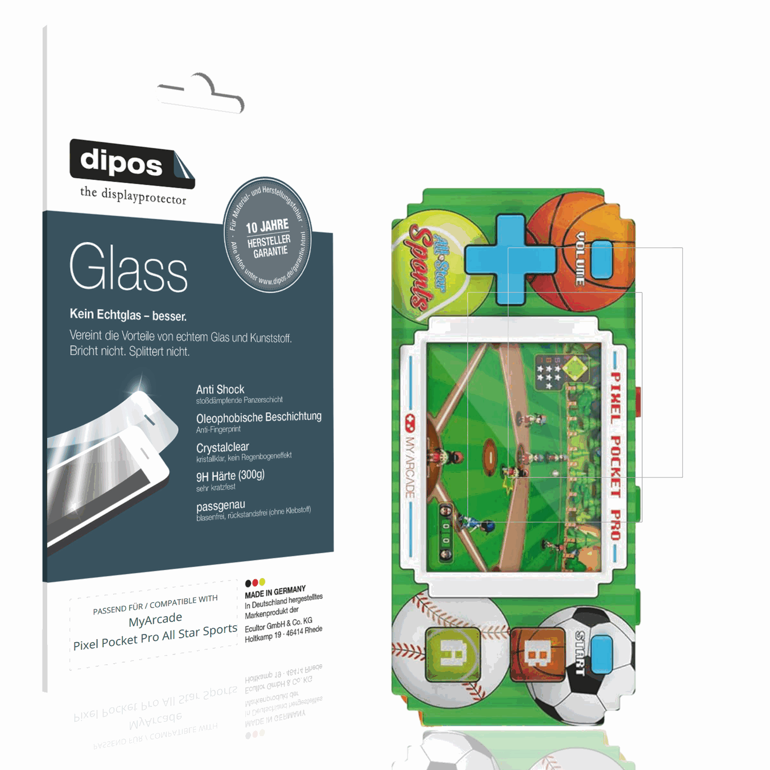 Klare Displayschutzfolie von dipos passend für MyArcade Pixel Pocket Pro All Star Sports, 9H kratzfest und blasenfrei montiert