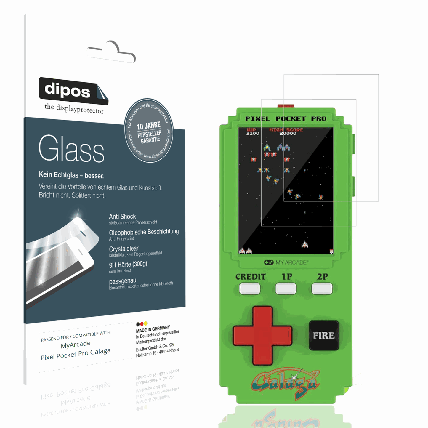 Klare Displayschutzfolie von dipos passend für MyArcade Pixel Pocket Pro Galaga, 9H kratzfest und blasenfrei montiert