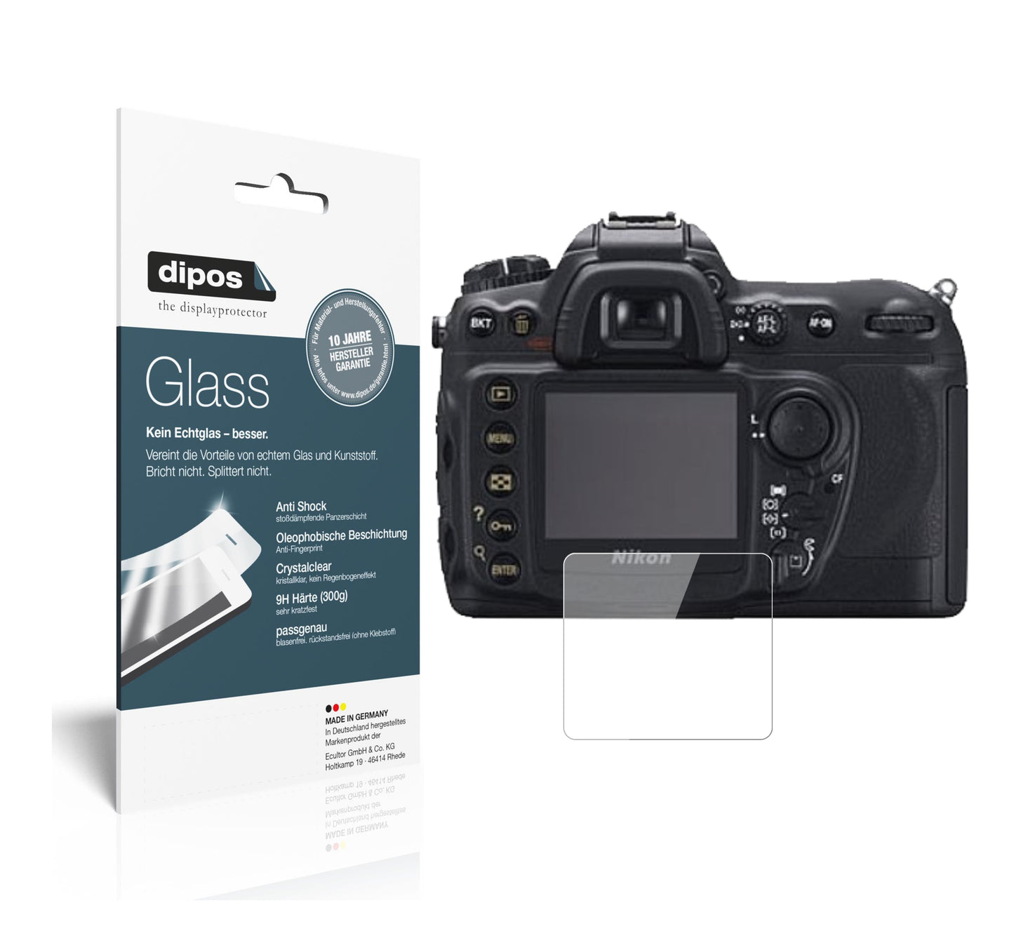 Klare Displayschutzfolie von dipos passend für Nikon D200, 9H kratzfest und blasenfrei montiert
