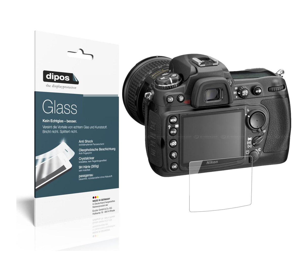 Klare Displayschutzfolie von dipos passend für Nikon D300, 9H kratzfest und blasenfrei montiert