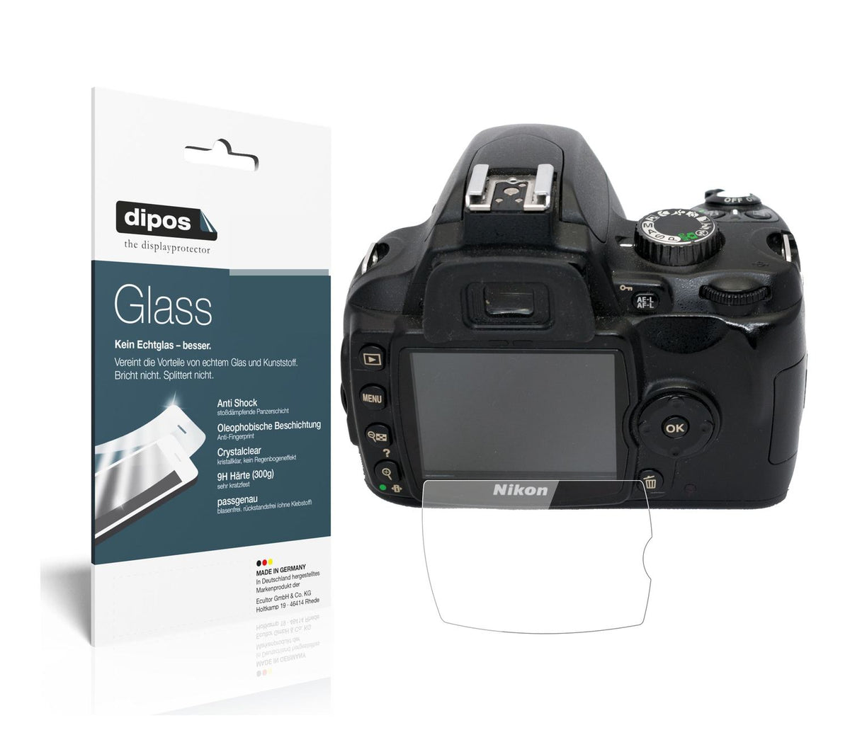 Klare Displayschutzfolie von dipos passend für Nikon D60, 9H kratzfest und blasenfrei montiert