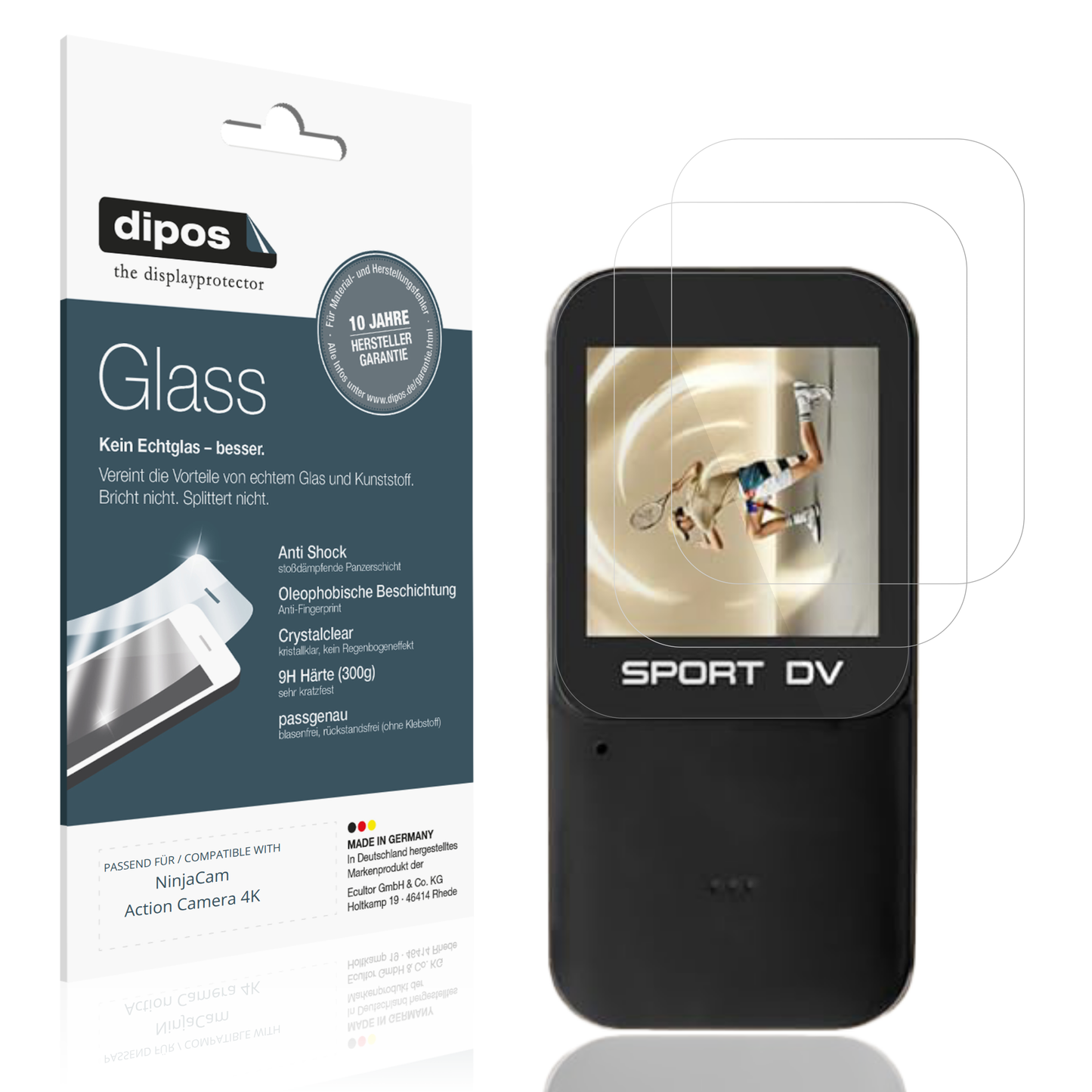 Klare Displayschutzfolie von dipos passend für NinjaCam Action Camera 4K, 9H kratzfest und blasenfrei montiert