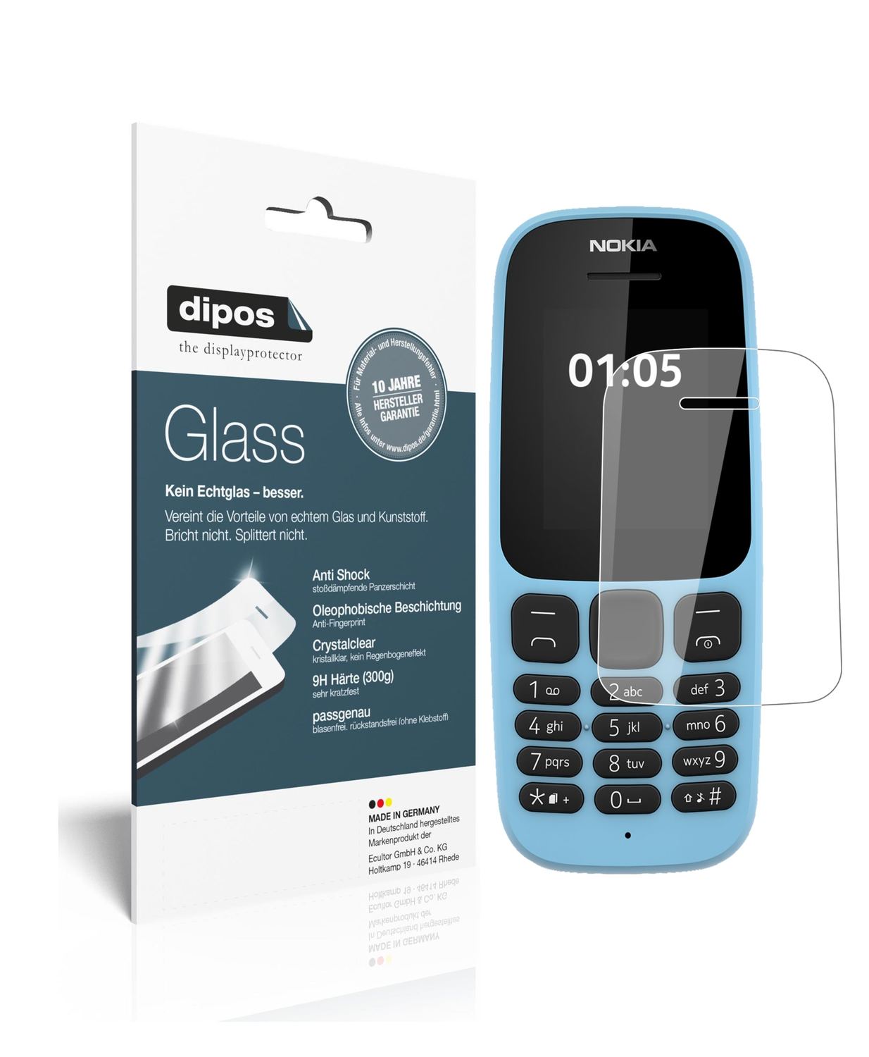 Klare Displayschutzfolie von dipos passend für Nokia 105 (2019), 9H kratzfest und blasenfrei montiert