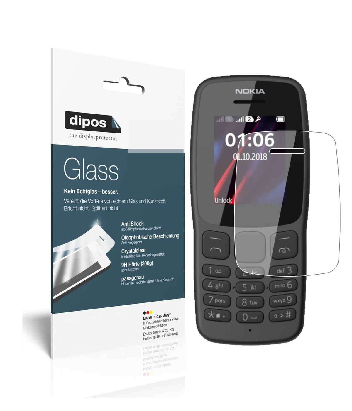 Klare Displayschutzfolie von dipos passend für Nokia 106 (2018), 9H kratzfest und blasenfrei montiert