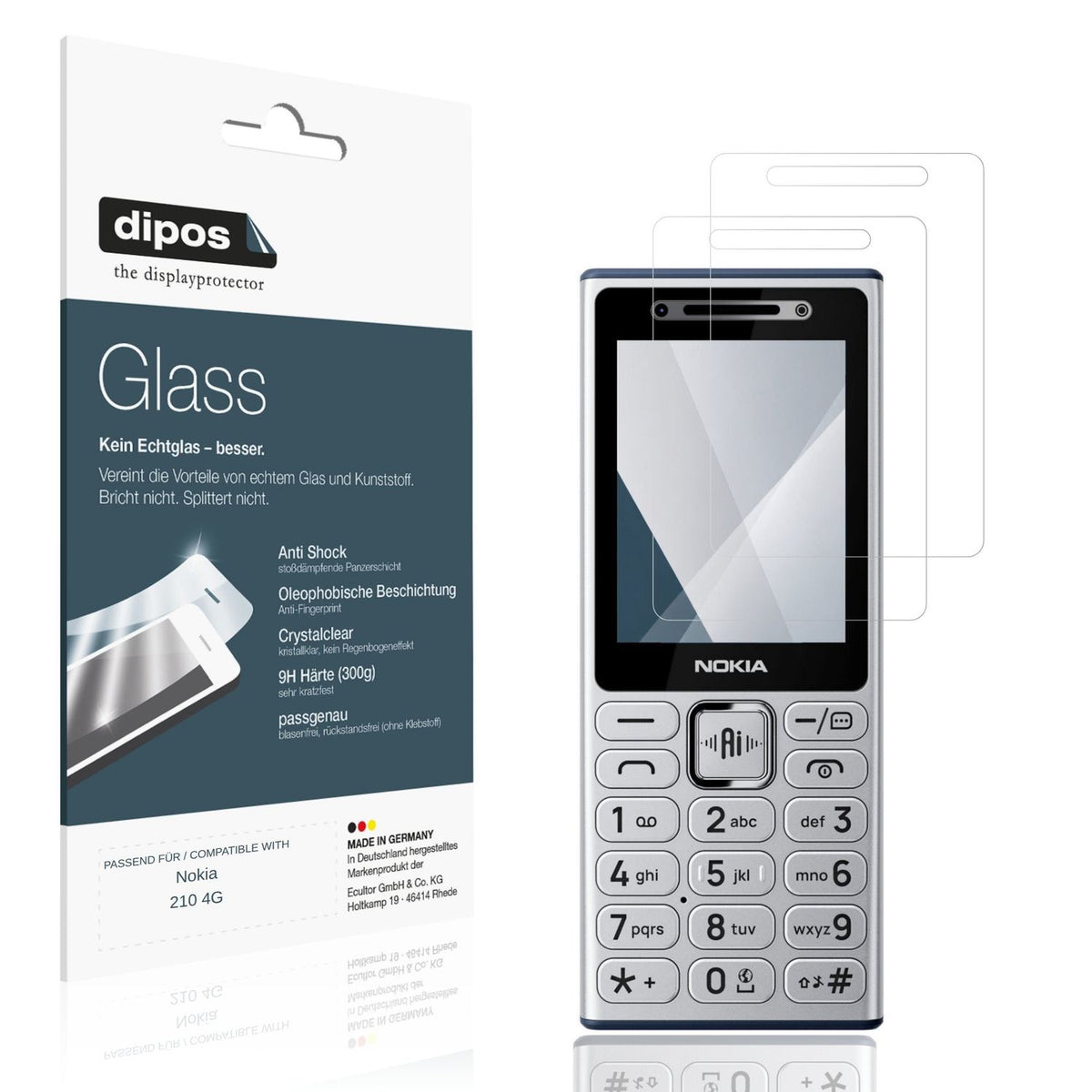 Klare Displayschutzfolie von dipos passend für Nokia 210 4G, 9H kratzfest und blasenfrei montiert