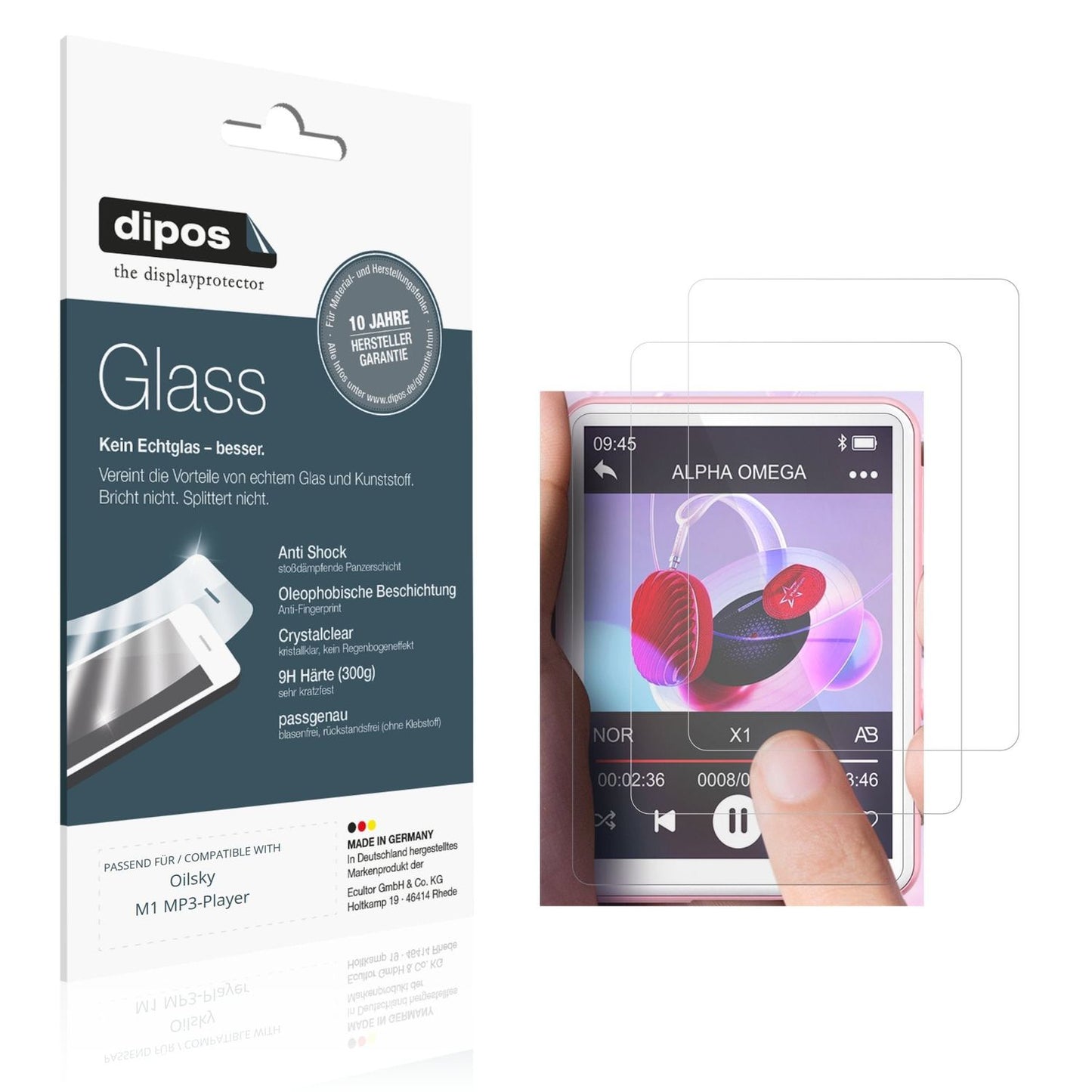 Klare Displayschutzfolie von dipos passend für Oilsky M1 MP3-Player, 9H kratzfest und blasenfrei montiert
