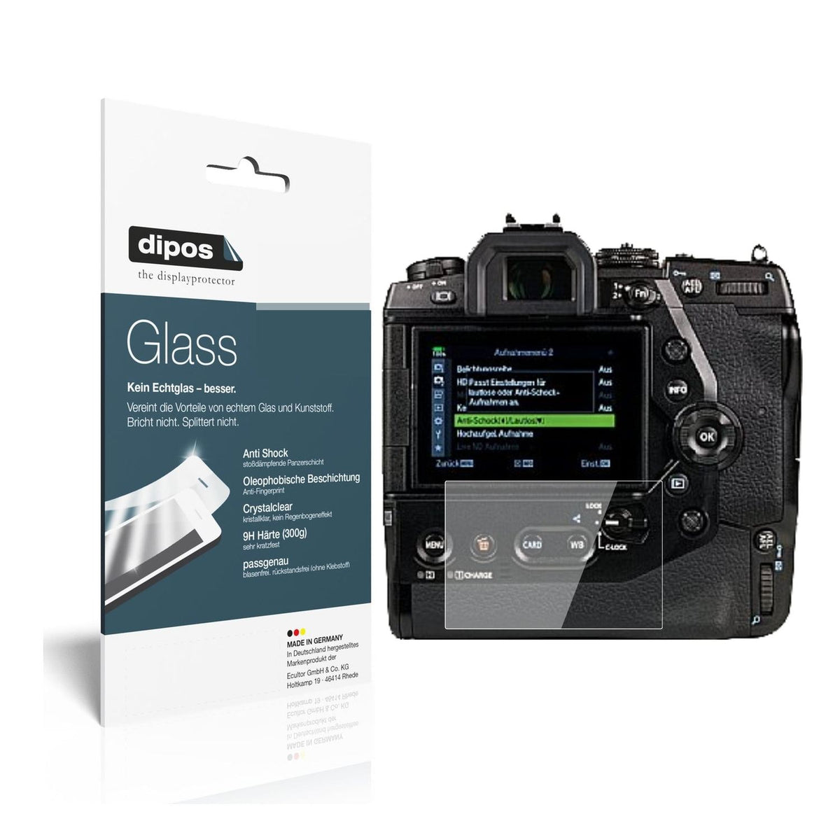 Klare Displayschutzfolie von dipos passend für Olympus OM-D E-M1X, 9H kratzfest und blasenfrei montiert