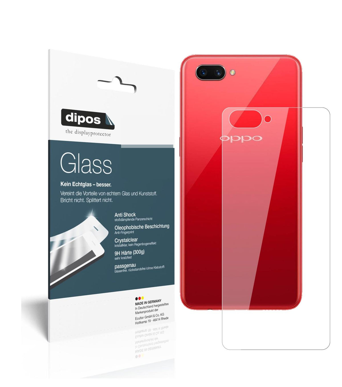 Klare Displayschutzfolie von dipos passend für OPPO A3S Rückseite, 9H kratzfest und blasenfrei montiert