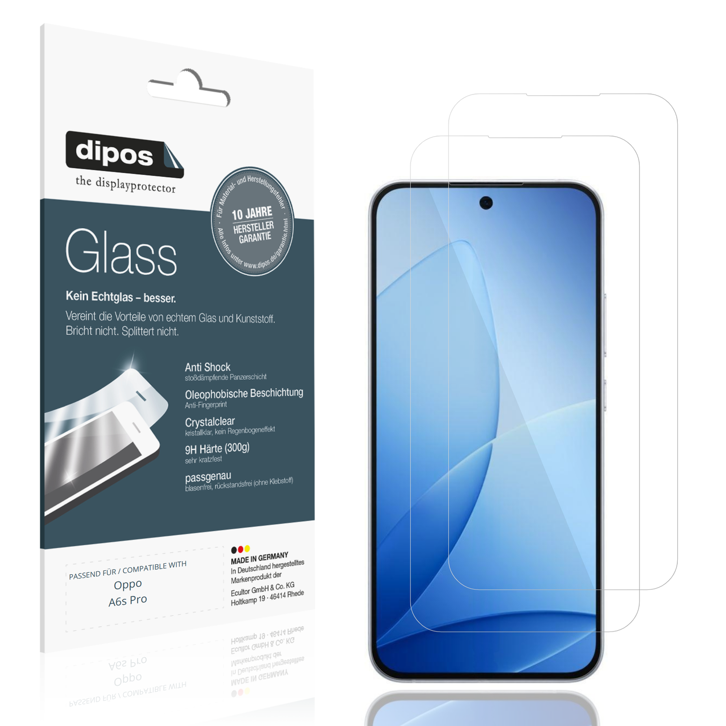 Klare Displayschutzfolie von dipos passend für Oppo A6s Pro, 9H kratzfest und blasenfrei montiert