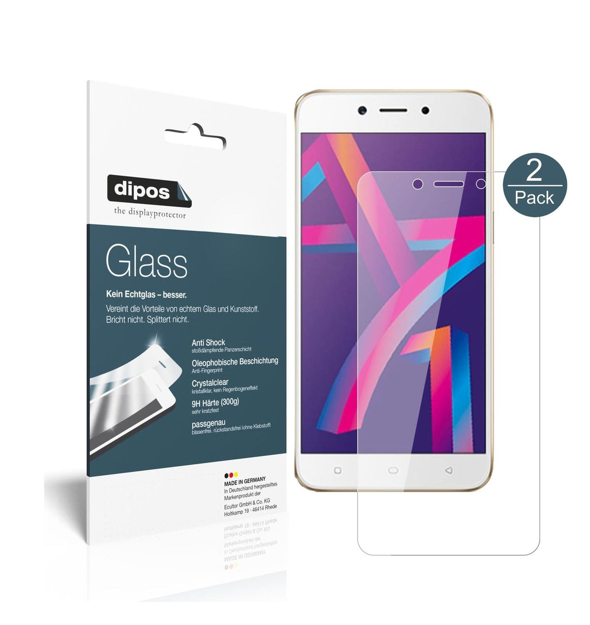 Klare Displayschutzfolie von dipos passend für Oppo A71 2018, 9H kratzfest und blasenfrei montiert