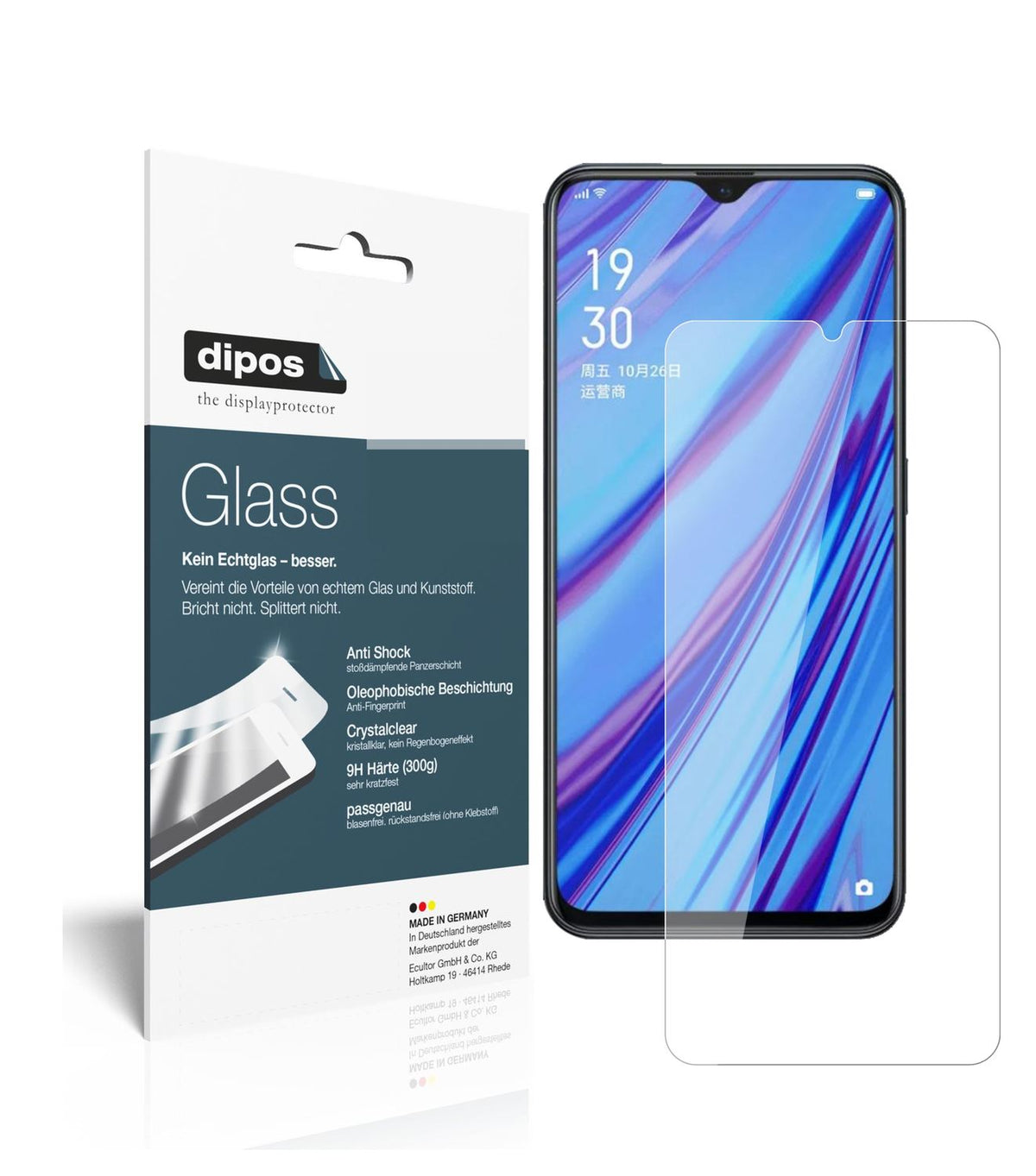 Klare Displayschutzfolie von dipos passend für Oppo A9x, 9H kratzfest und blasenfrei montiert