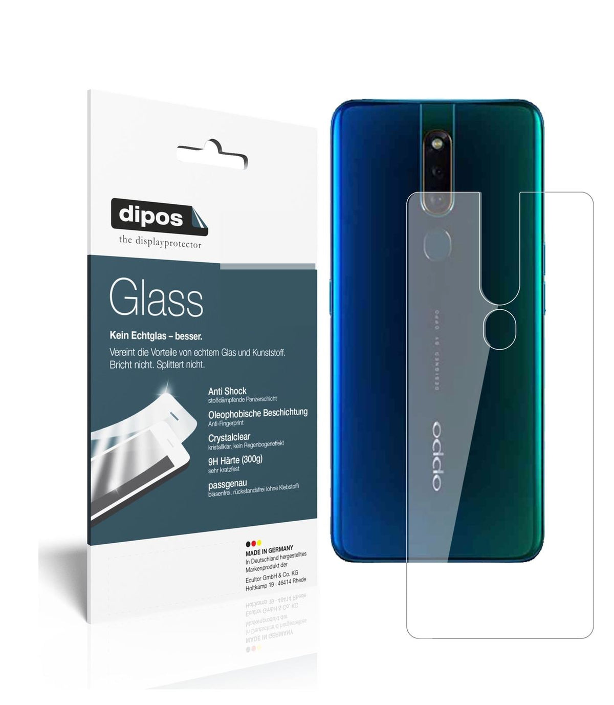 Klare Displayschutzfolie von dipos passend für Oppo F11 Rückseite, 9H kratzfest und blasenfrei montiert