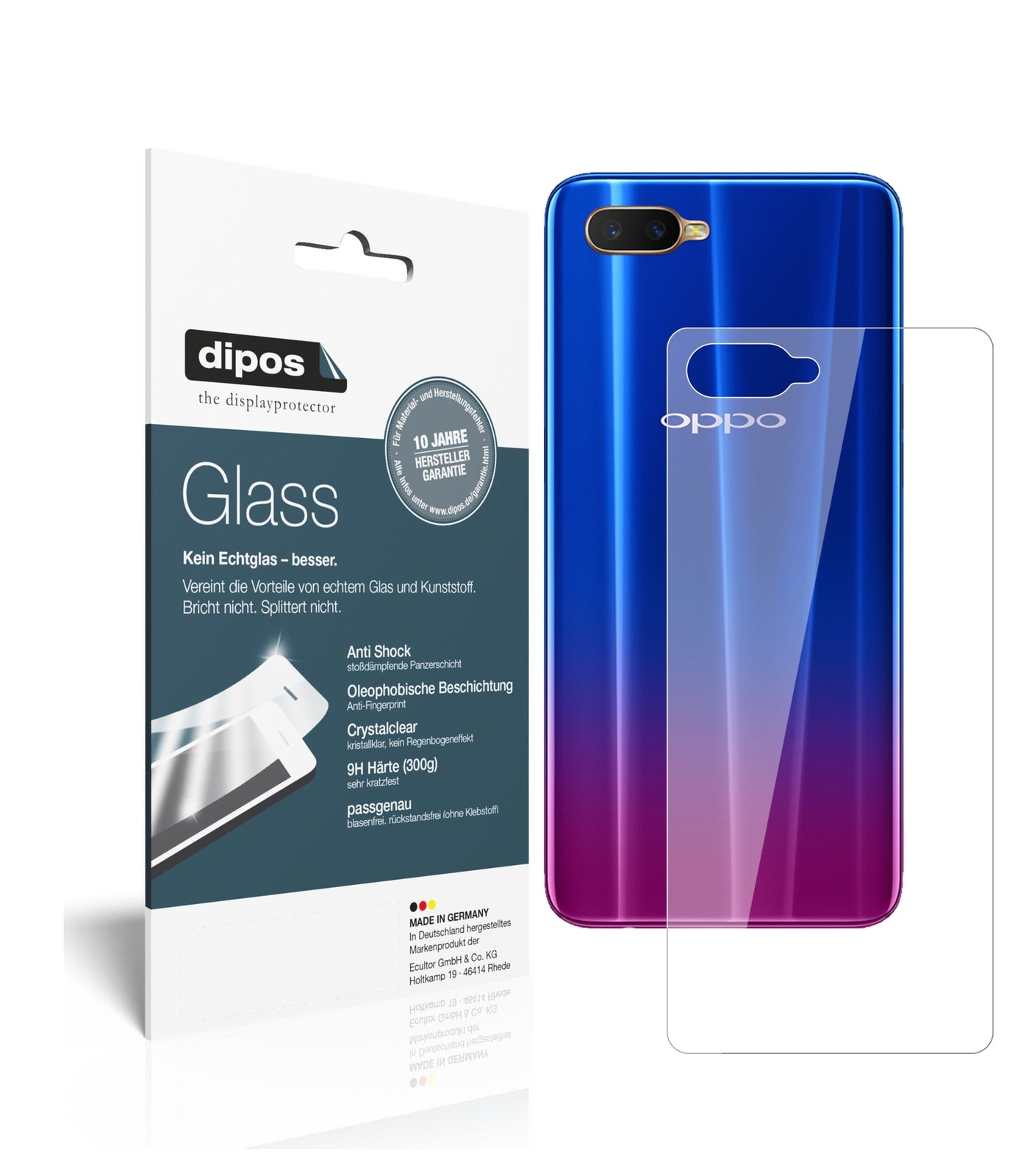 Klare Displayschutzfolie von dipos passend für Oppo R17 Rückseite, 9H kratzfest und blasenfrei montiert