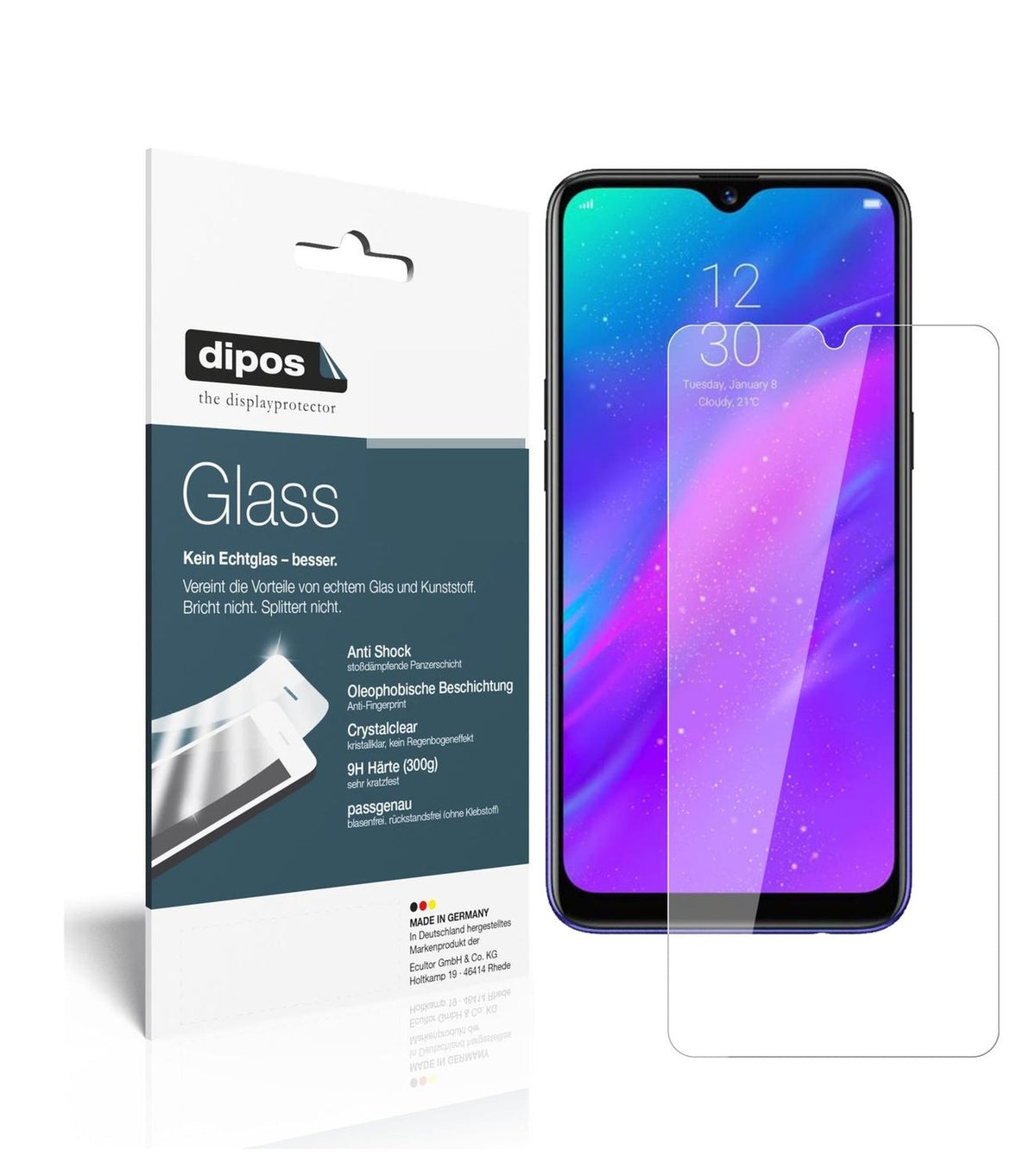 Klare Displayschutzfolie von dipos passend für Oppo Realme 3, 9H kratzfest und blasenfrei montiert