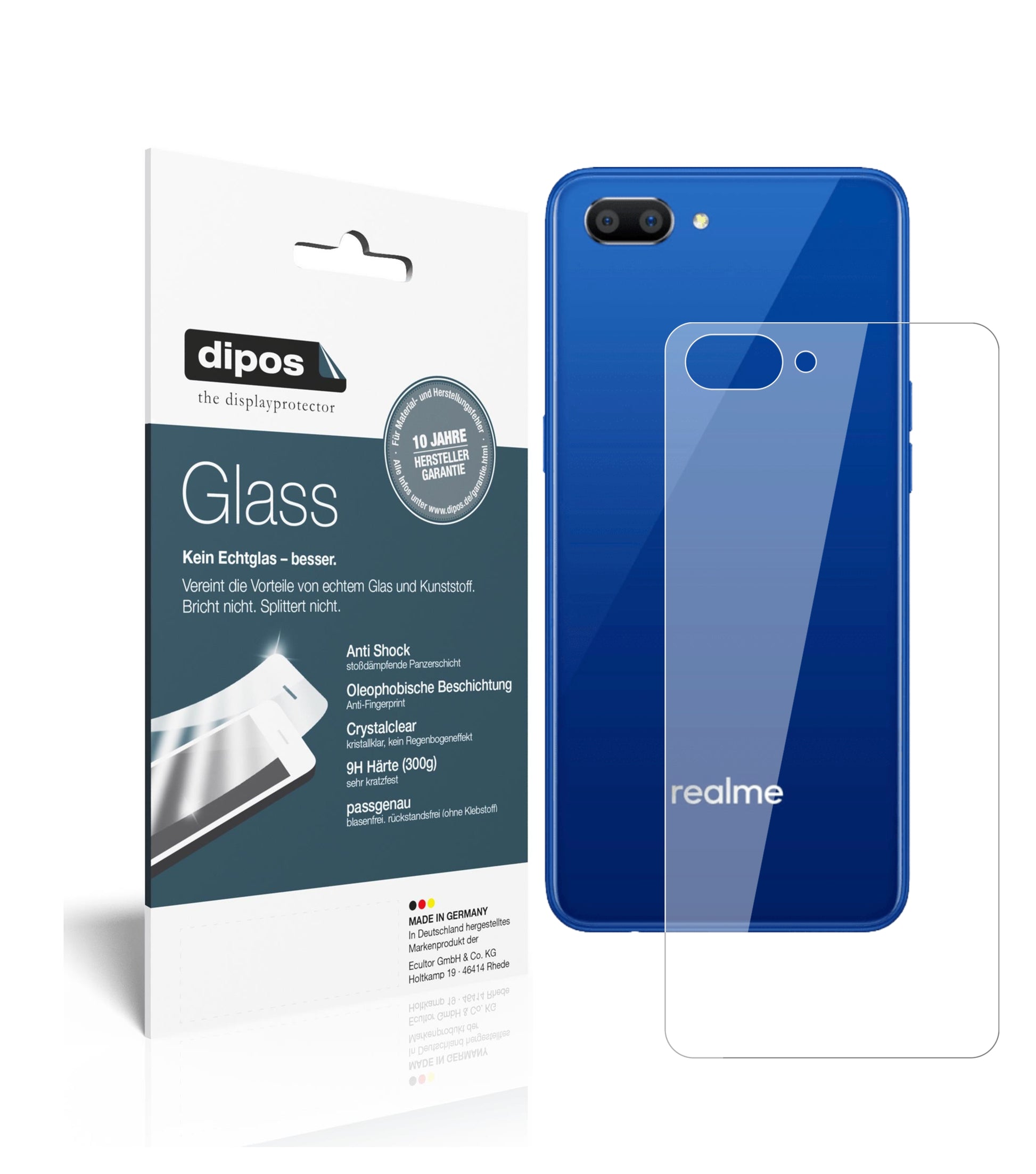 Klare Displayschutzfolie von dipos passend für Oppo Realme C1 (2019) Rückseite, 9H kratzfest und blasenfrei montiert