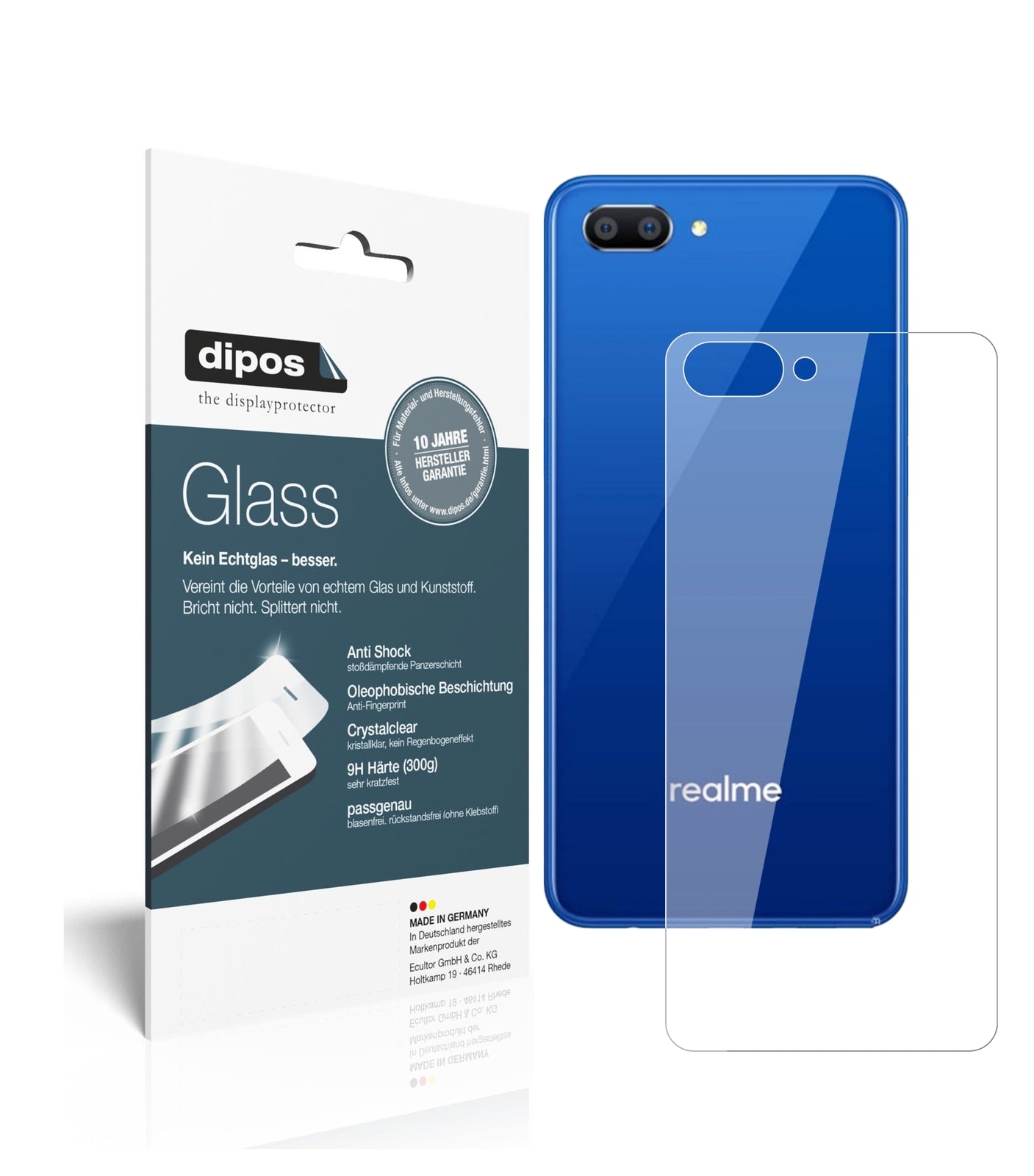 Klare Displayschutzfolie von dipos passend für Oppo Realme C1 Rückseite, 9H kratzfest und blasenfrei montiert