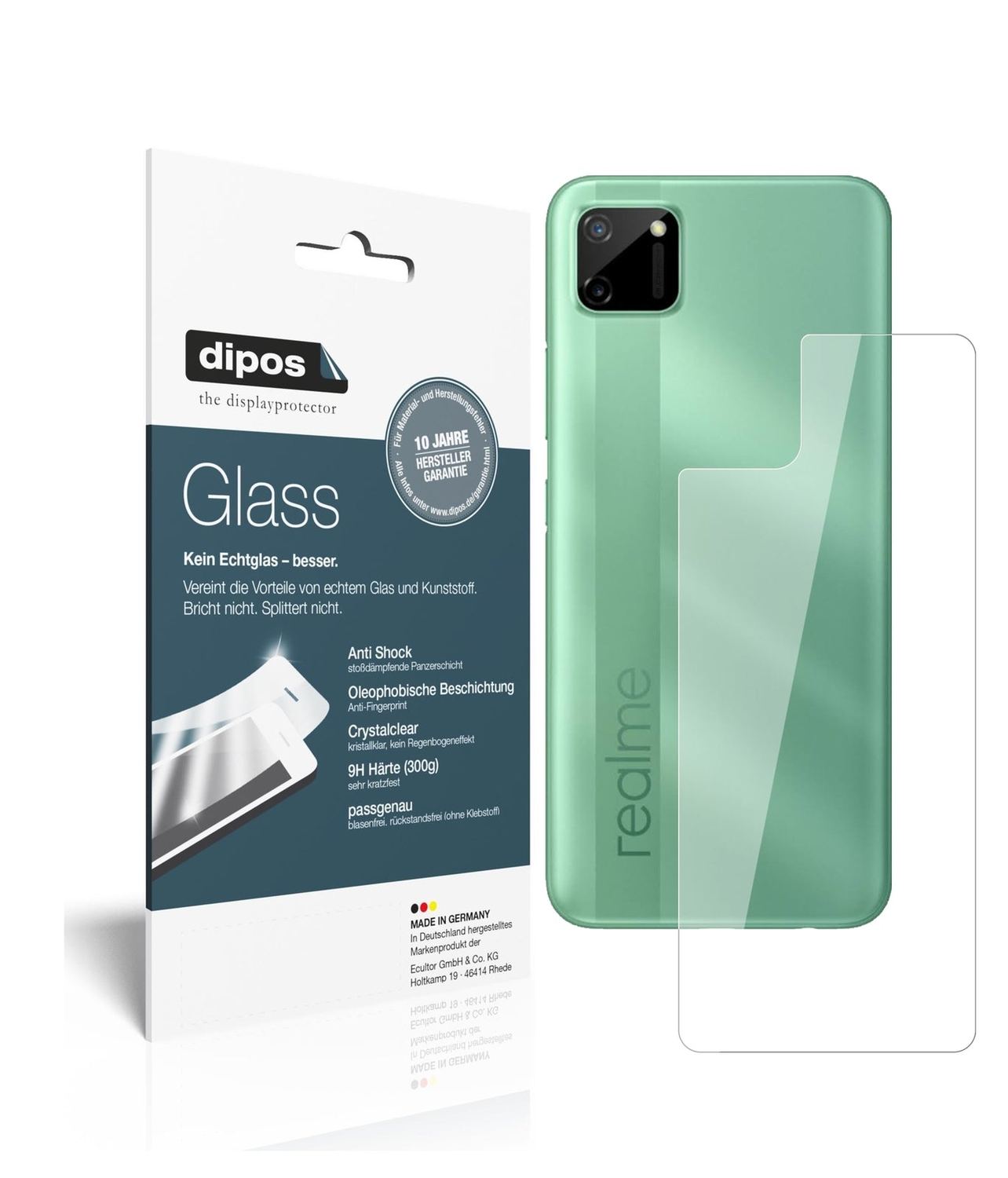 Klare Displayschutzfolie von dipos passend für Oppo Realme C11 Rückseite, 9H kratzfest und blasenfrei montiert