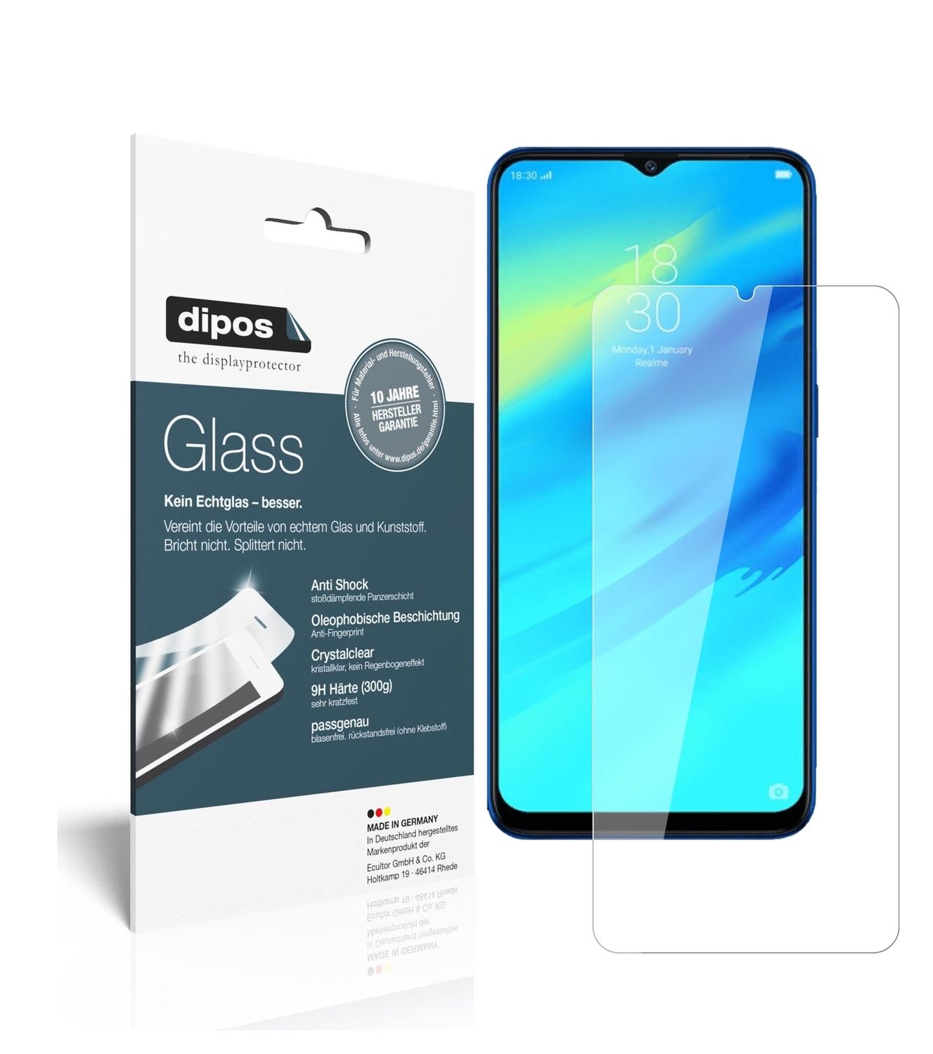 Klare Displayschutzfolie von dipos passend für Oppo Realme C2, 9H kratzfest und blasenfrei montiert