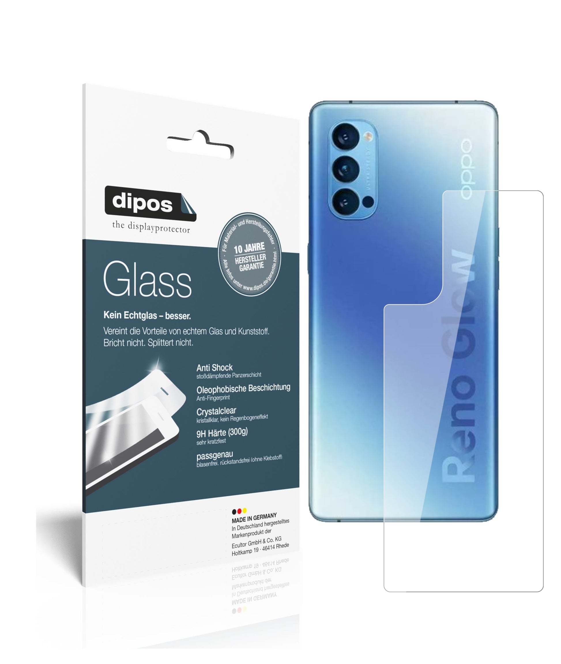 Klare Displayschutzfolie von dipos passend für Oppo Reno 4 Pro Rückseite, 9H kratzfest und blasenfrei montiert