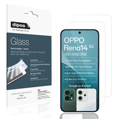 Klare Displayschutzfolie von dipos passend für Oppo Reno14 5G, 9H kratzfest und blasenfrei montiert