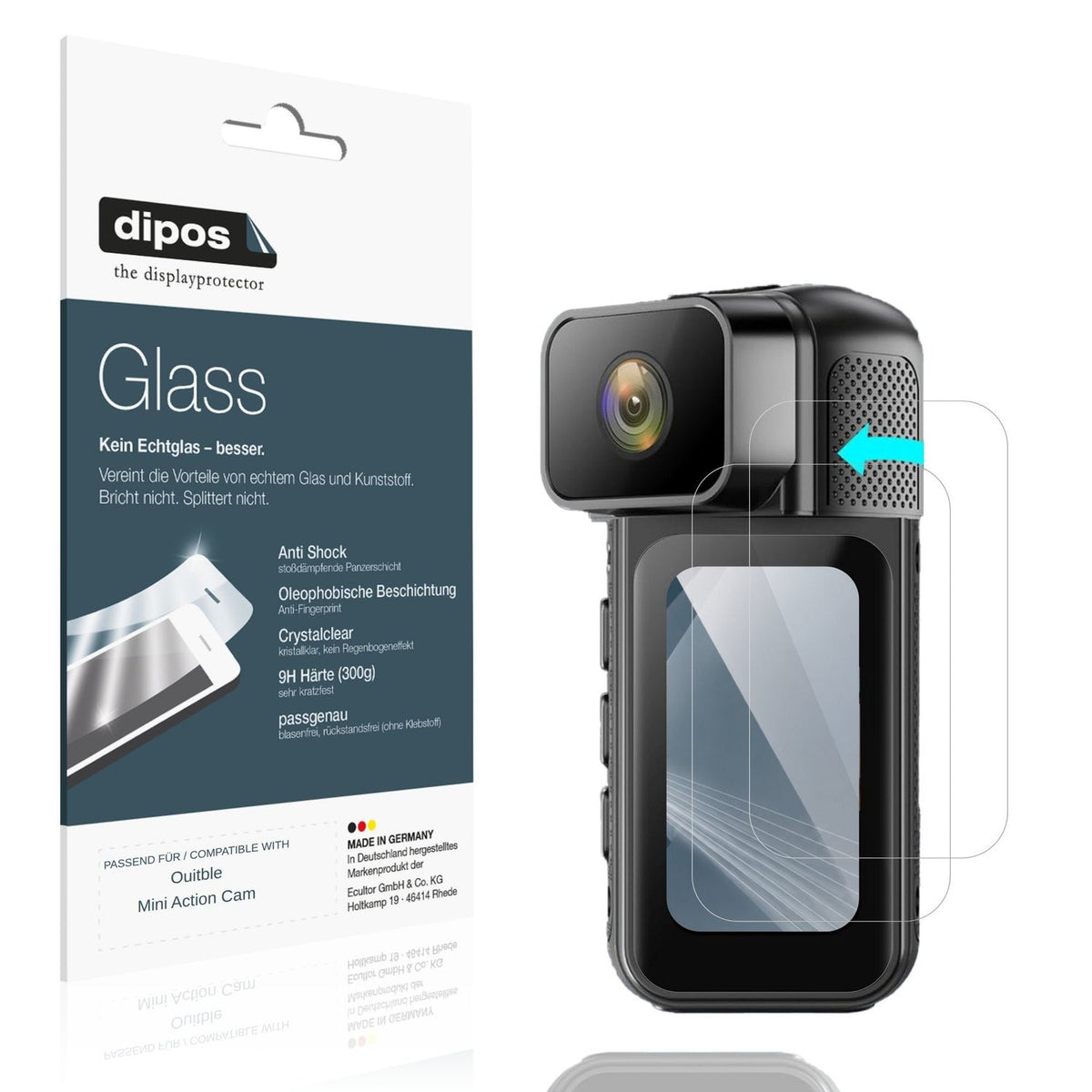 Klare Displayschutzfolie von dipos passend für Ouitble Mini Action Cam, 9H kratzfest und blasenfrei montiert