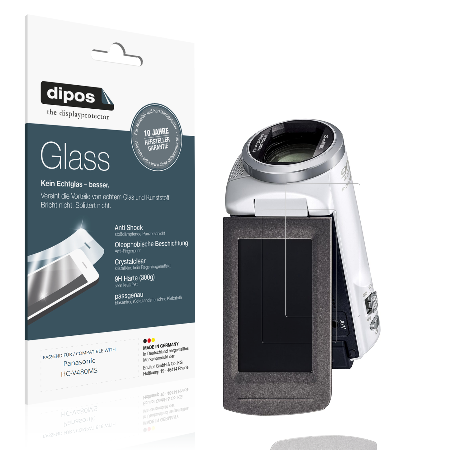 Klare Displayschutzfolie von dipos passend für Panasonic HC-V480MS, 9H kratzfest und blasenfrei montiert
