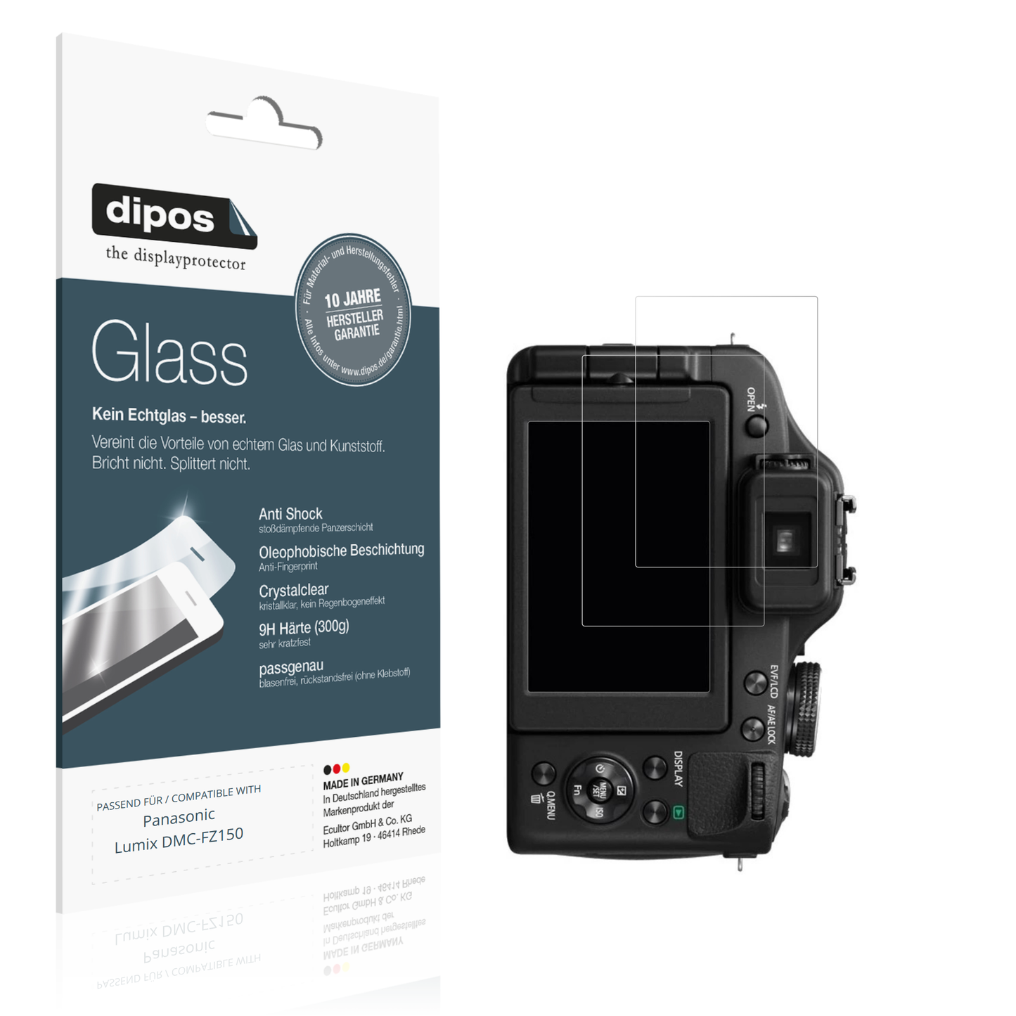 Klare Displayschutzfolie von dipos passend für Panasonic Lumix DMC-FZ150, 9H kratzfest und blasenfrei montiert