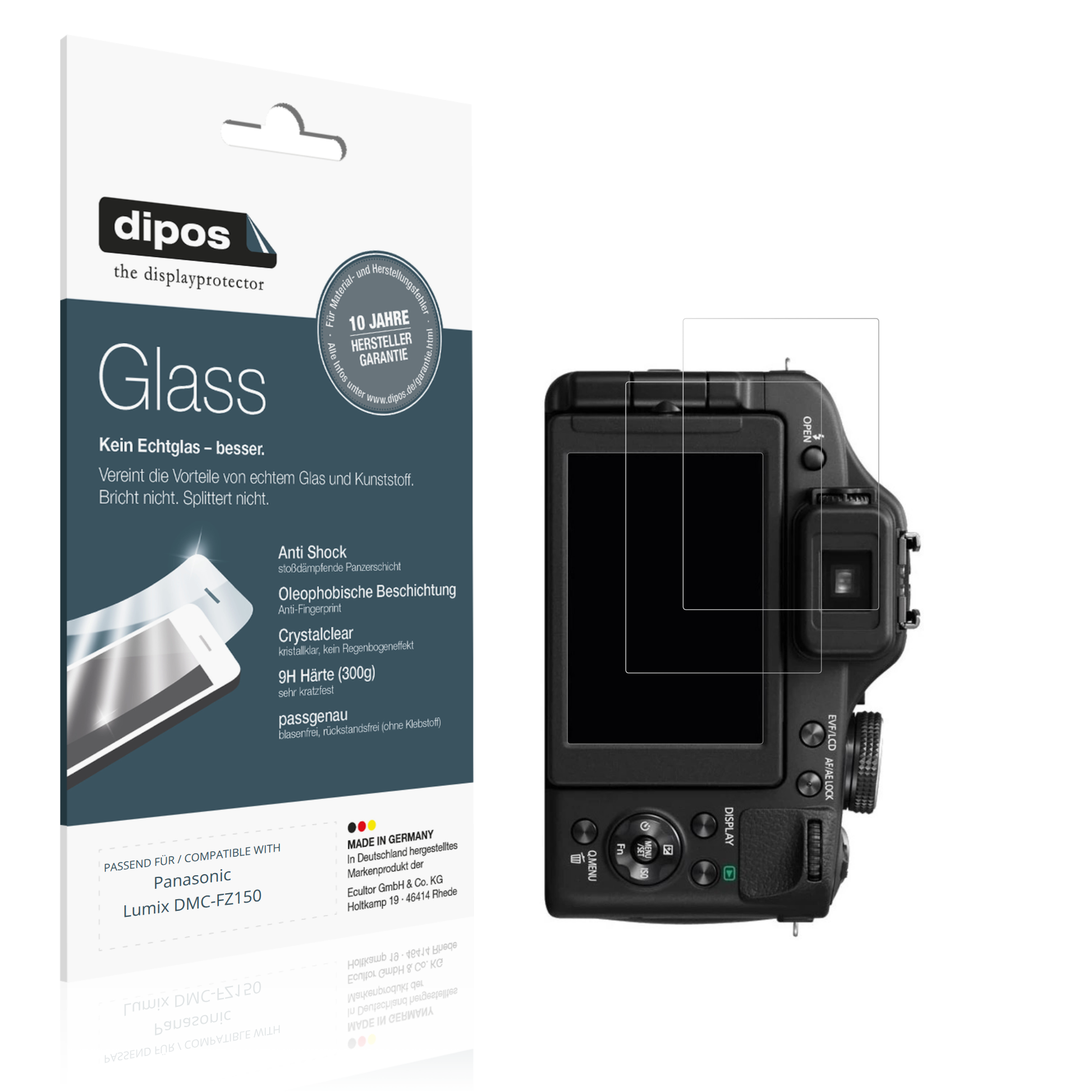 Klare Displayschutzfolie von dipos passend für Panasonic Lumix DMC-FZ150, 9H kratzfest und blasenfrei montiert