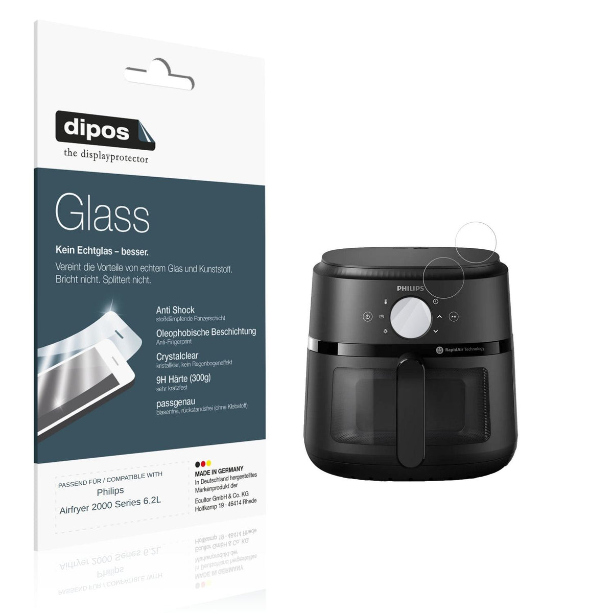 Klare Displayschutzfolie von dipos passend für Philips Airfryer 2000 Series 6.2L, 9H kratzfest und blasenfrei montiert