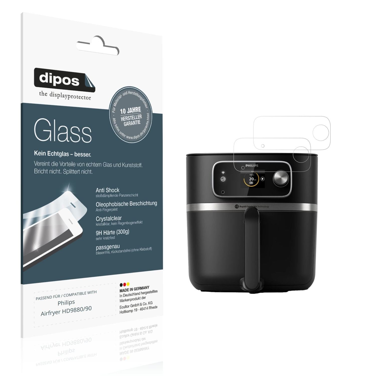 Klare Displayschutzfolie von dipos passend für Philips Airfryer HD9880/90, 9H kratzfest und blasenfrei montiert